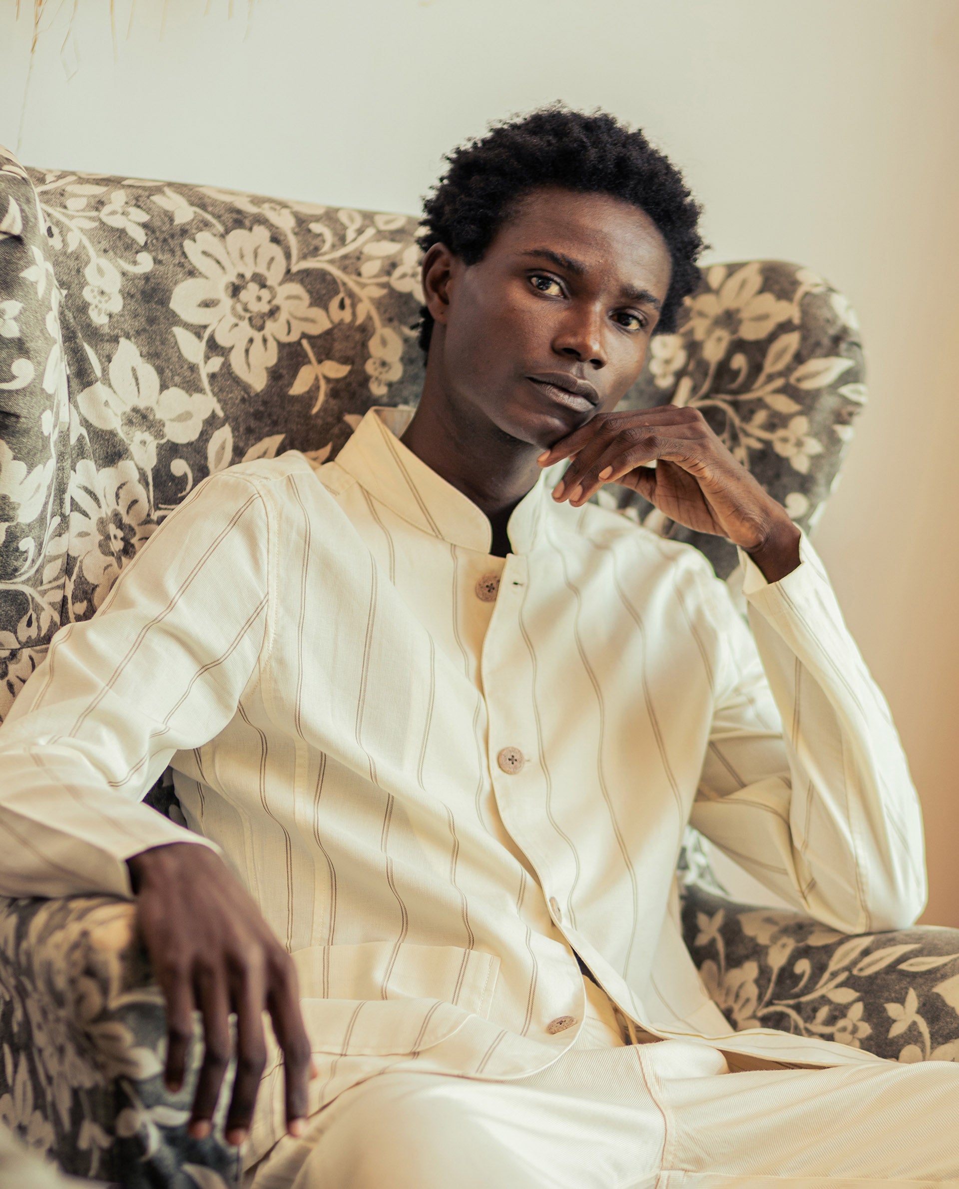 Rare Rabbit Men's Ray Off White Cotton Striped Print Relaxed Fit Full Sleeve Mandarin Collar Jacket