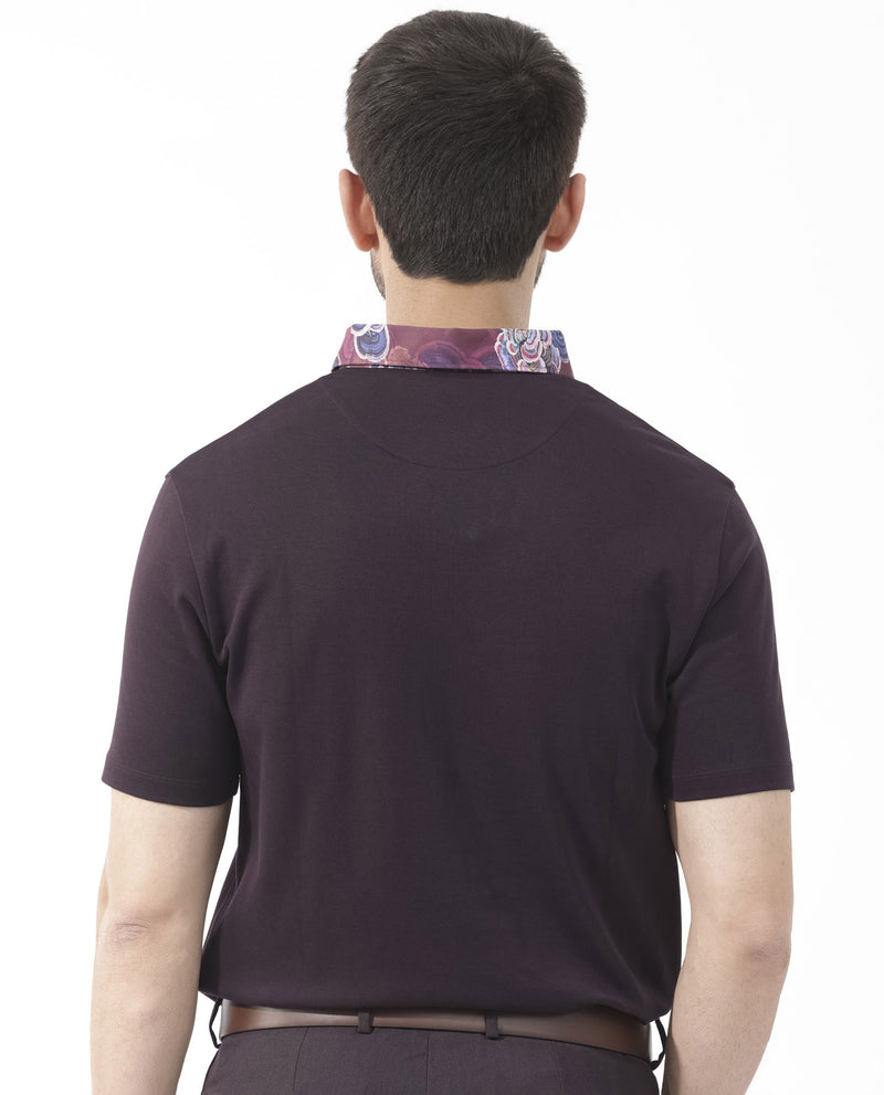 Rare Rabbit Men's Ringer-2 Dark Purple Cotton Fabric Printed Collar Half Sleeves Polo T-Shirt