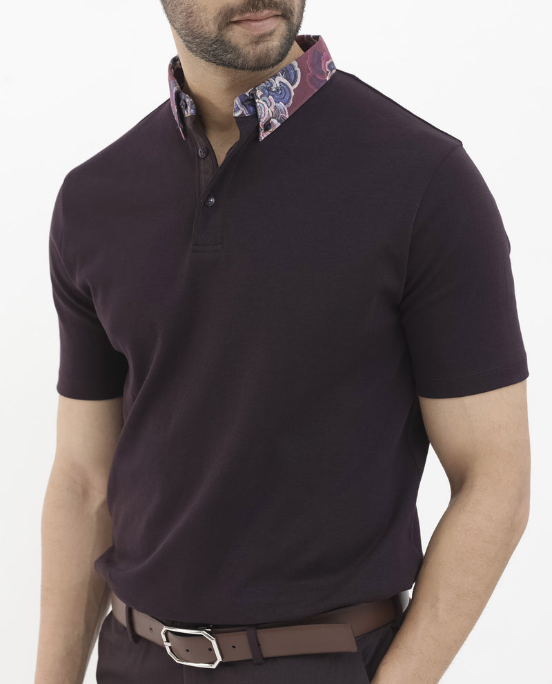 Rare Rabbit Men's Ringer-2 Dark Purple Cotton Fabric Printed Collar Half Sleeves Polo T-Shirt