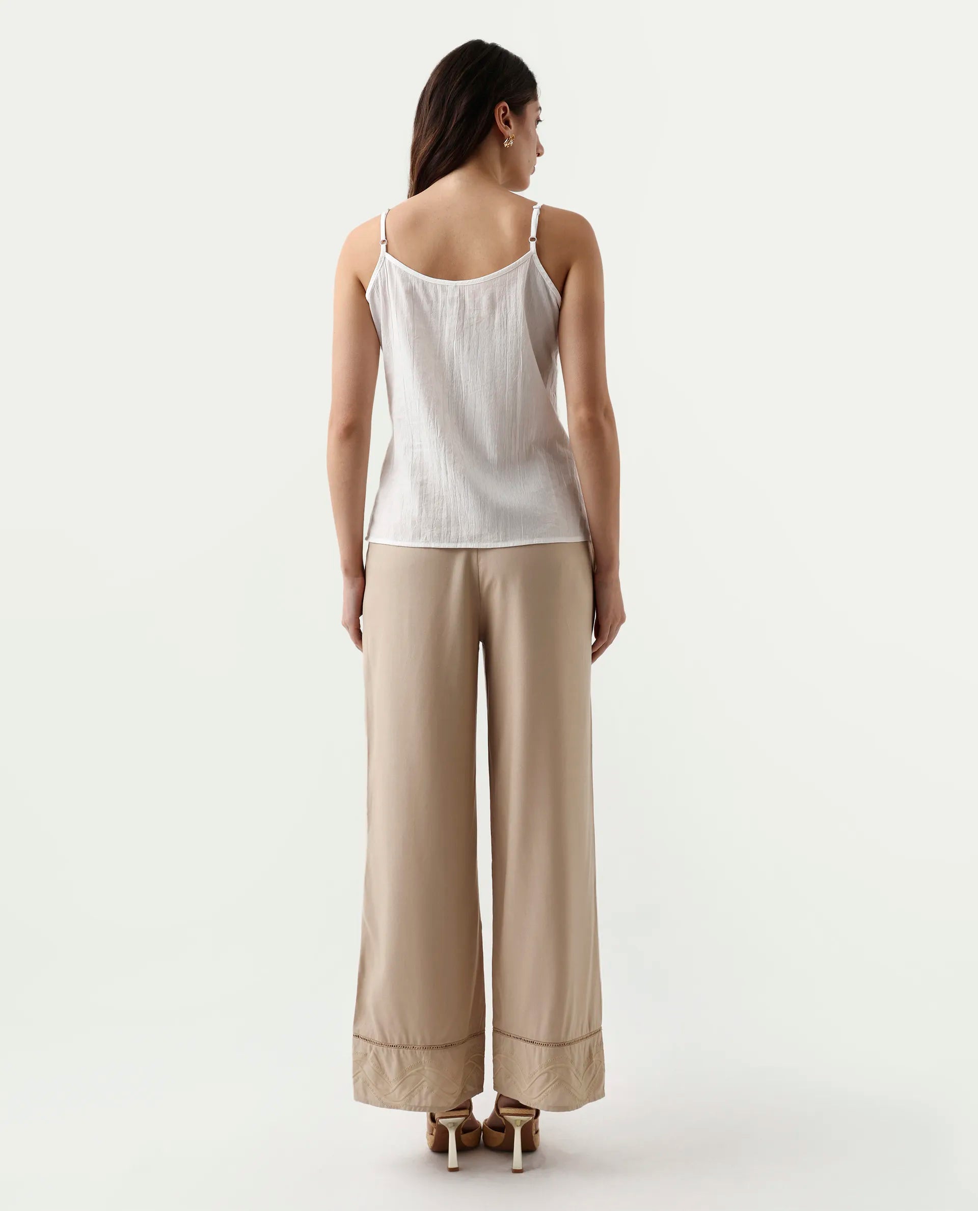 Rareism Women's Roneshif B Beige Viscose Plain Ankle Length Straight Fit Trouser