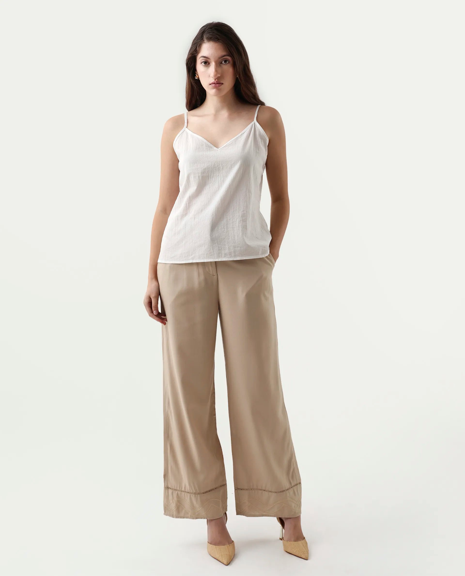 Rareism Women's Roneshif B Beige Viscose Plain Ankle Length Straight Fit Trouser