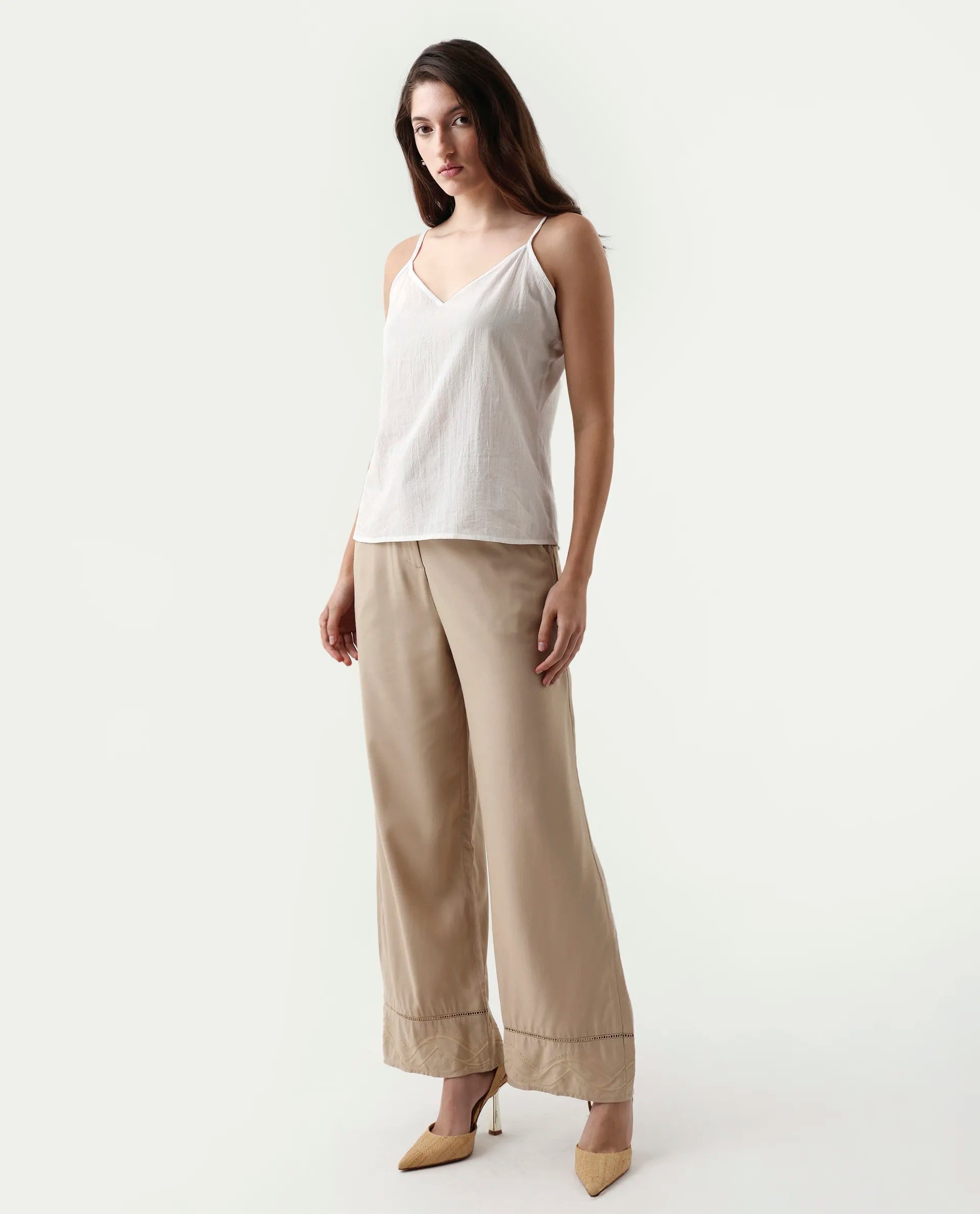 Rareism Women's Roneshif B Beige Viscose Plain Ankle Length Straight Fit Trouser