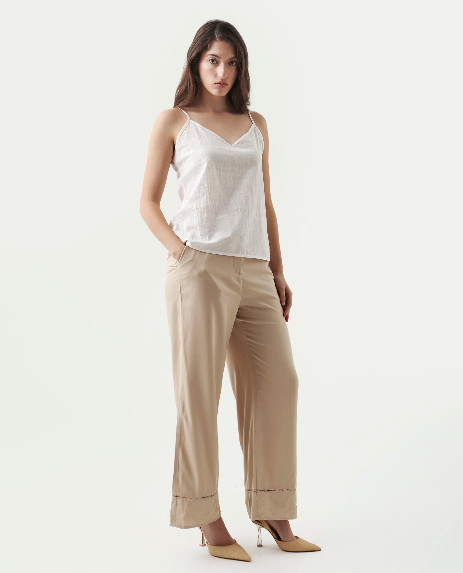 Rareism Women's Roneshif B Beige Viscose Plain Ankle Length Straight Fit Trouser