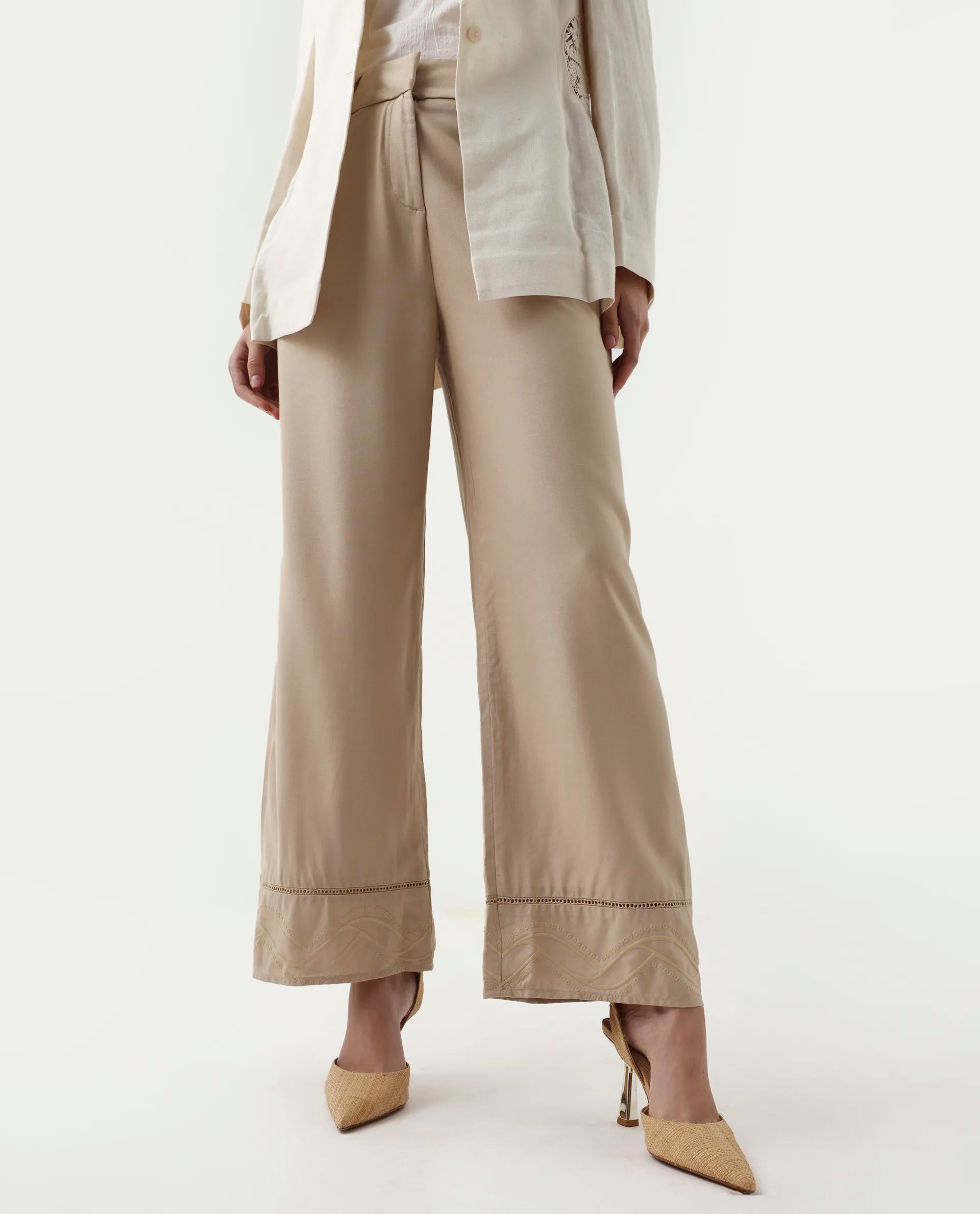 Rareism Women's Roneshif B Beige Viscose Plain Ankle Length Straight Fit Trouser