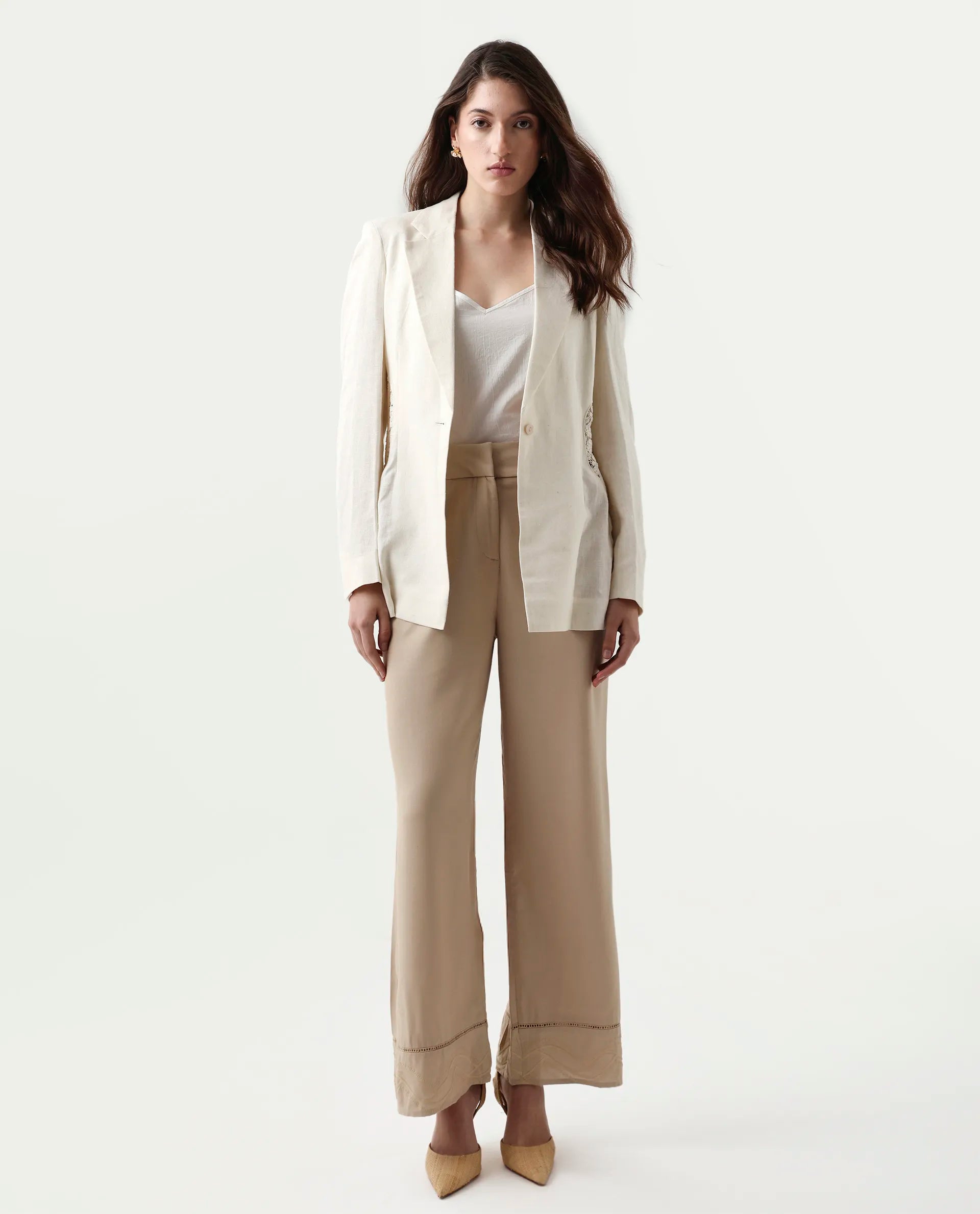 Rareism Women's Roneshif B Beige Viscose Plain Ankle Length Straight Fit Trouser