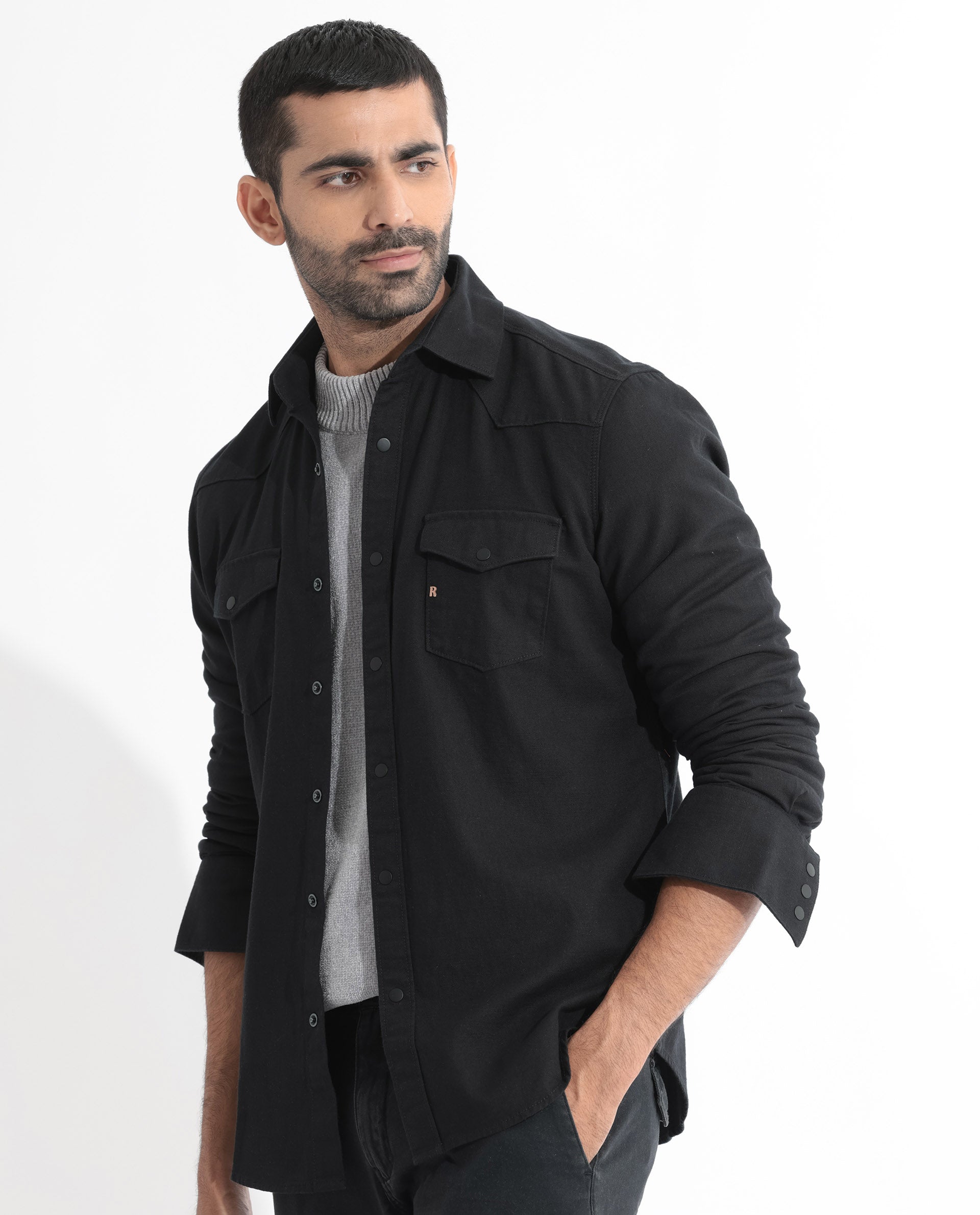 Rare Rabbit Men's Rubans Black Cotton Fabric Full Sleeves Denim Shirt