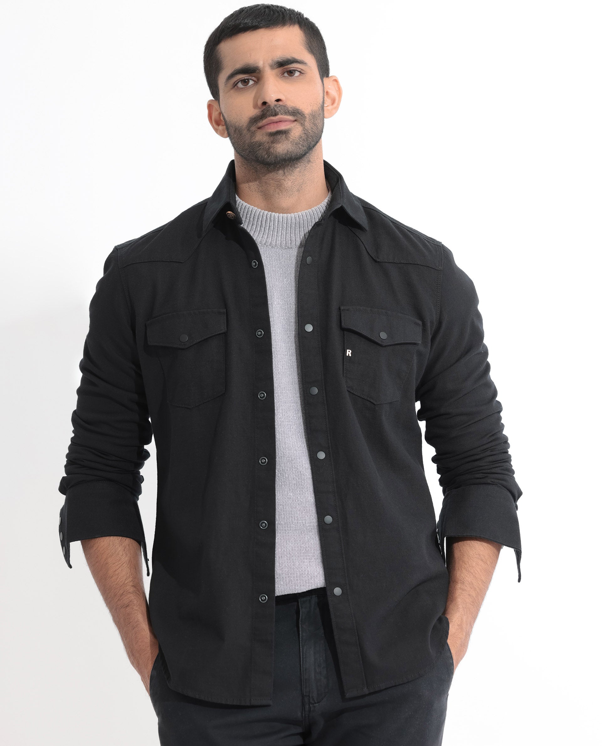 Rare Rabbit Men's Ruban Black Cotton Plain Regular Fit Full Sleeve Col