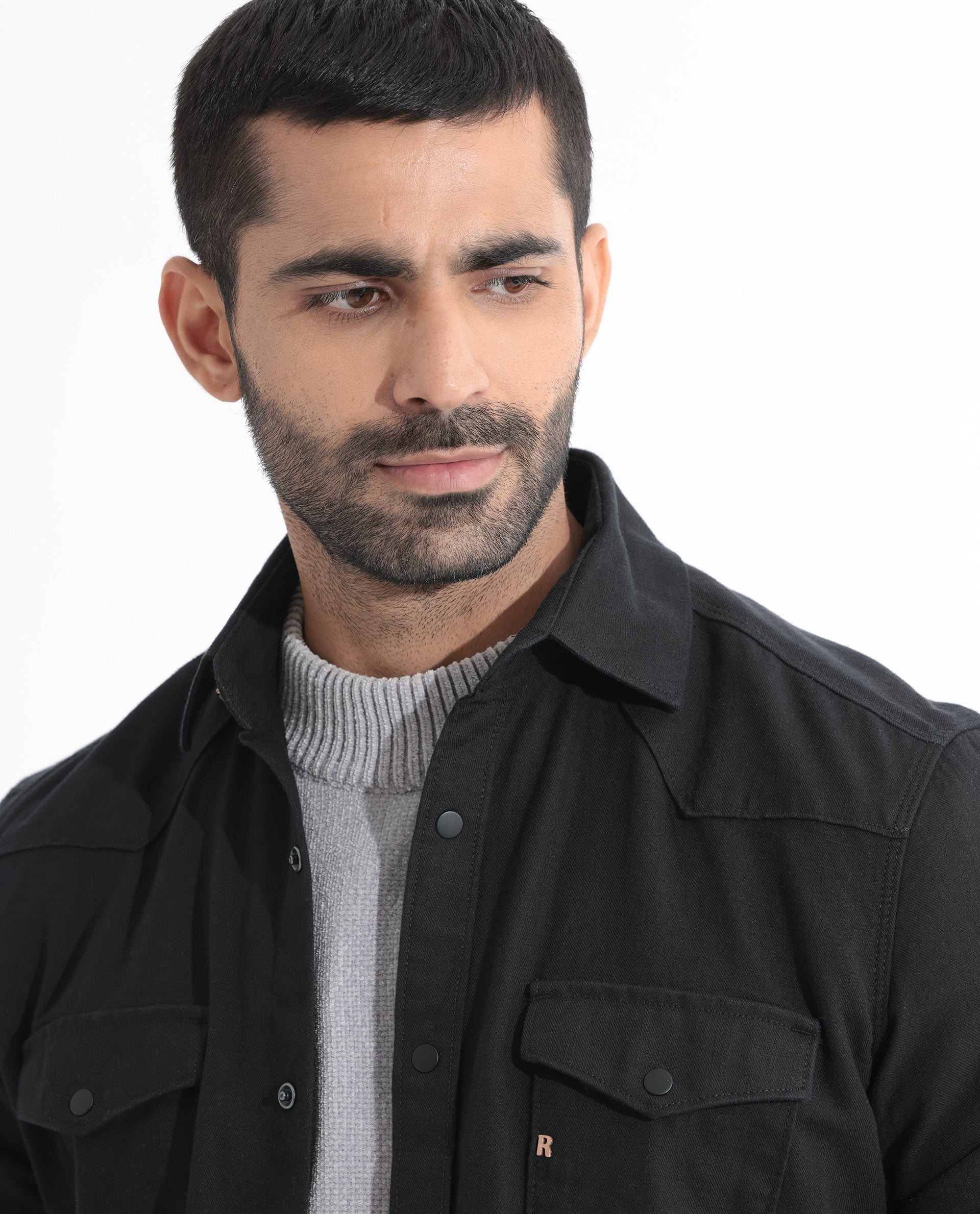 Rare Rabbit Men's Rubans Black Cotton Fabric Full Sleeves Denim Shirt