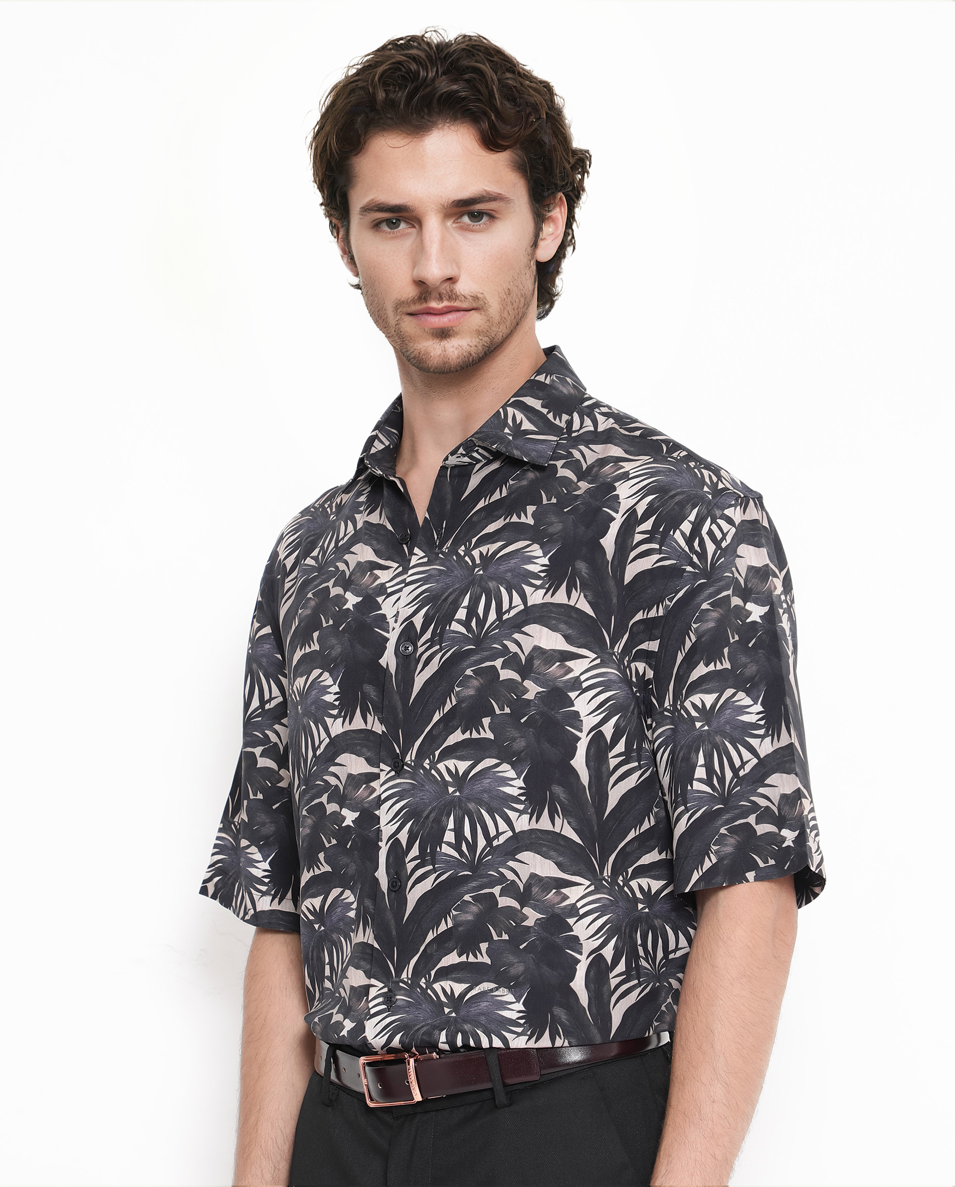 Rare Rabbit Men's Sabel Black Viscose Fabric Short Sleeves Boxy Fit Tropical Print Shirt
