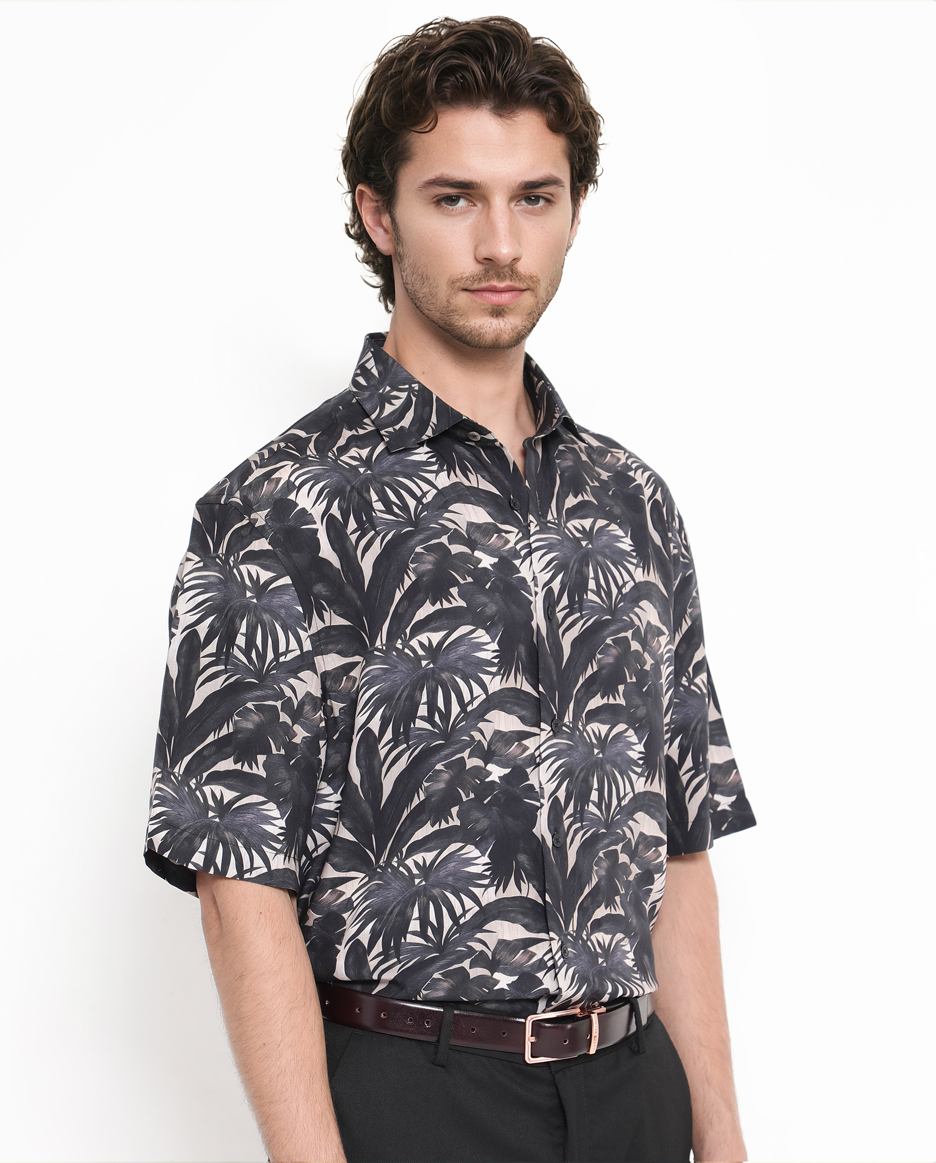 Rare Rabbit Men's Sabel Black Viscose Fabric Short Sleeves Boxy Fit Tropical Print Shirt