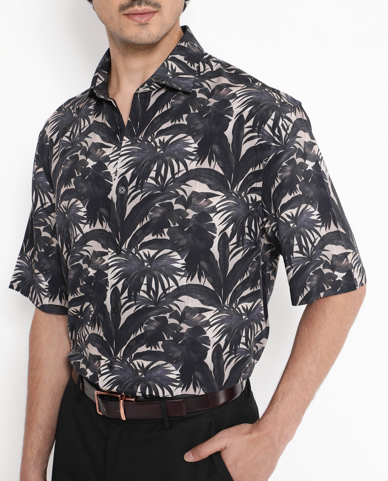 Rare Rabbit Men's Sabel Black Viscose Fabric Short Sleeves Boxy Fit Tropical Print Shirt