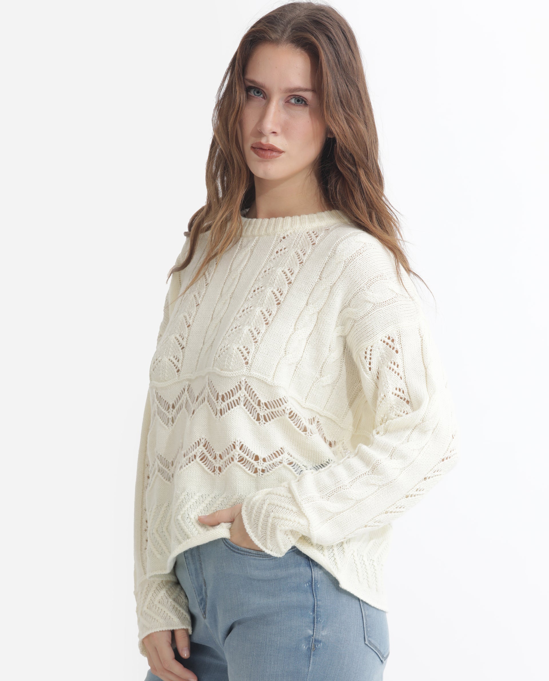 Rareism Women Saben Beige Acrylic Fabric Full Sleeves Relaxed Fit Solid Round Neck Sweater