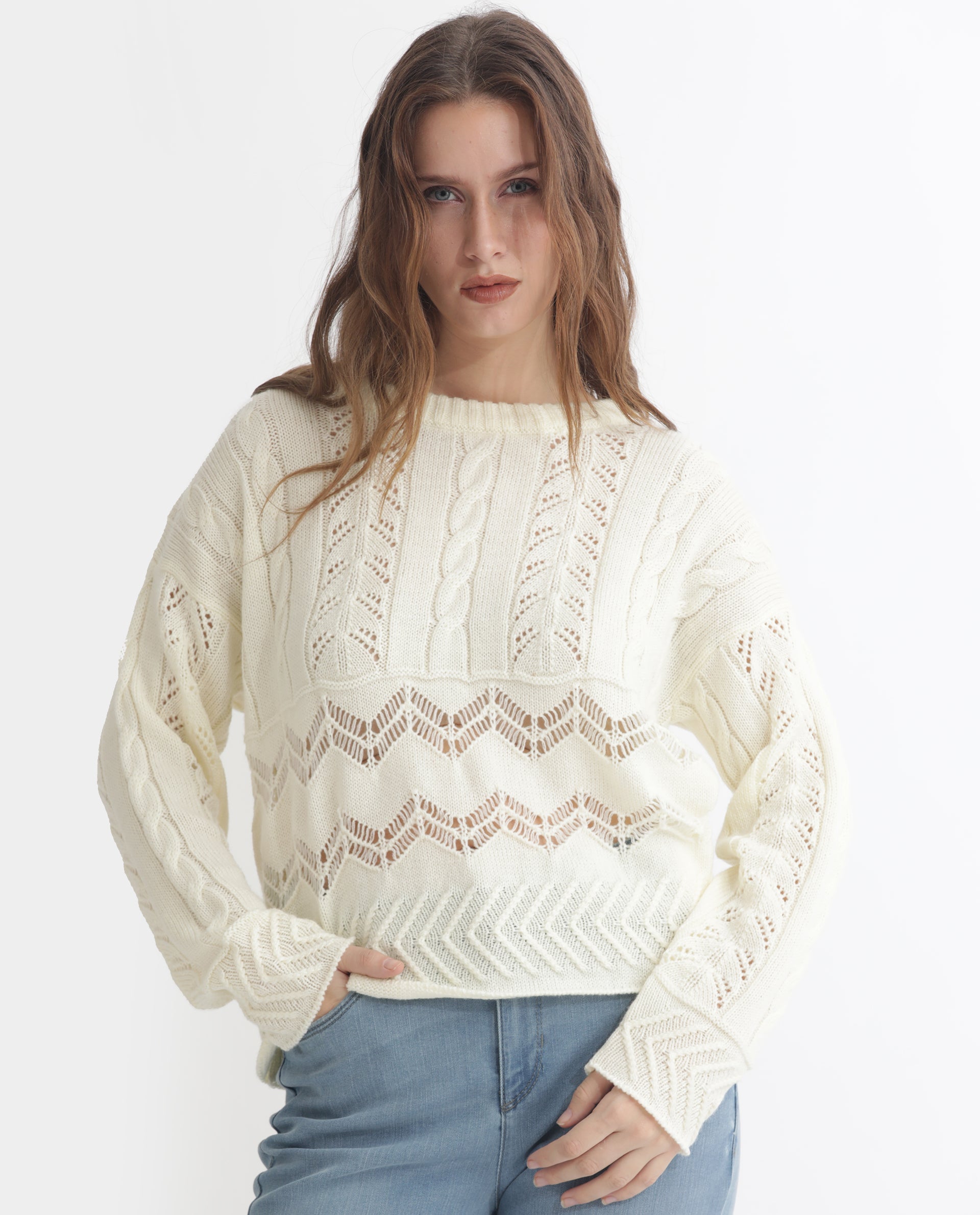 Rareism Women Saben Beige Acrylic Fabric Full Sleeves Relaxed Fit Solid Round Neck Sweater