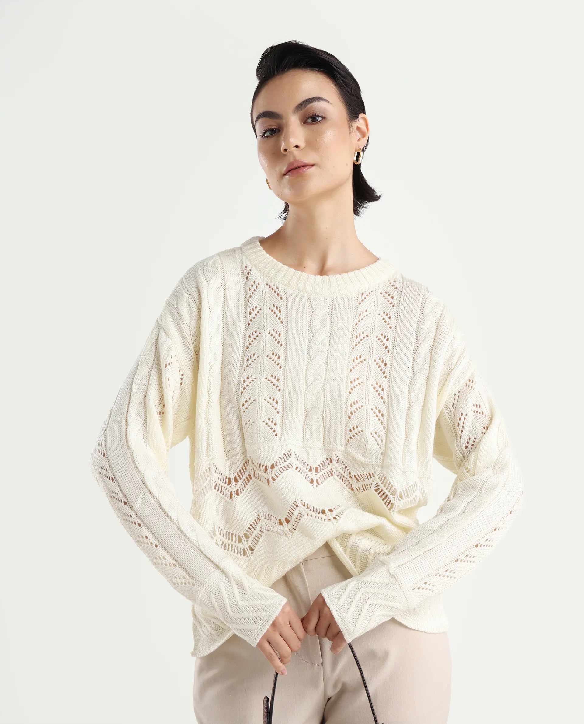 Rareism Women's Saben Beige Acrylic Ribbed Collar Plain Boxy Fit Sweater