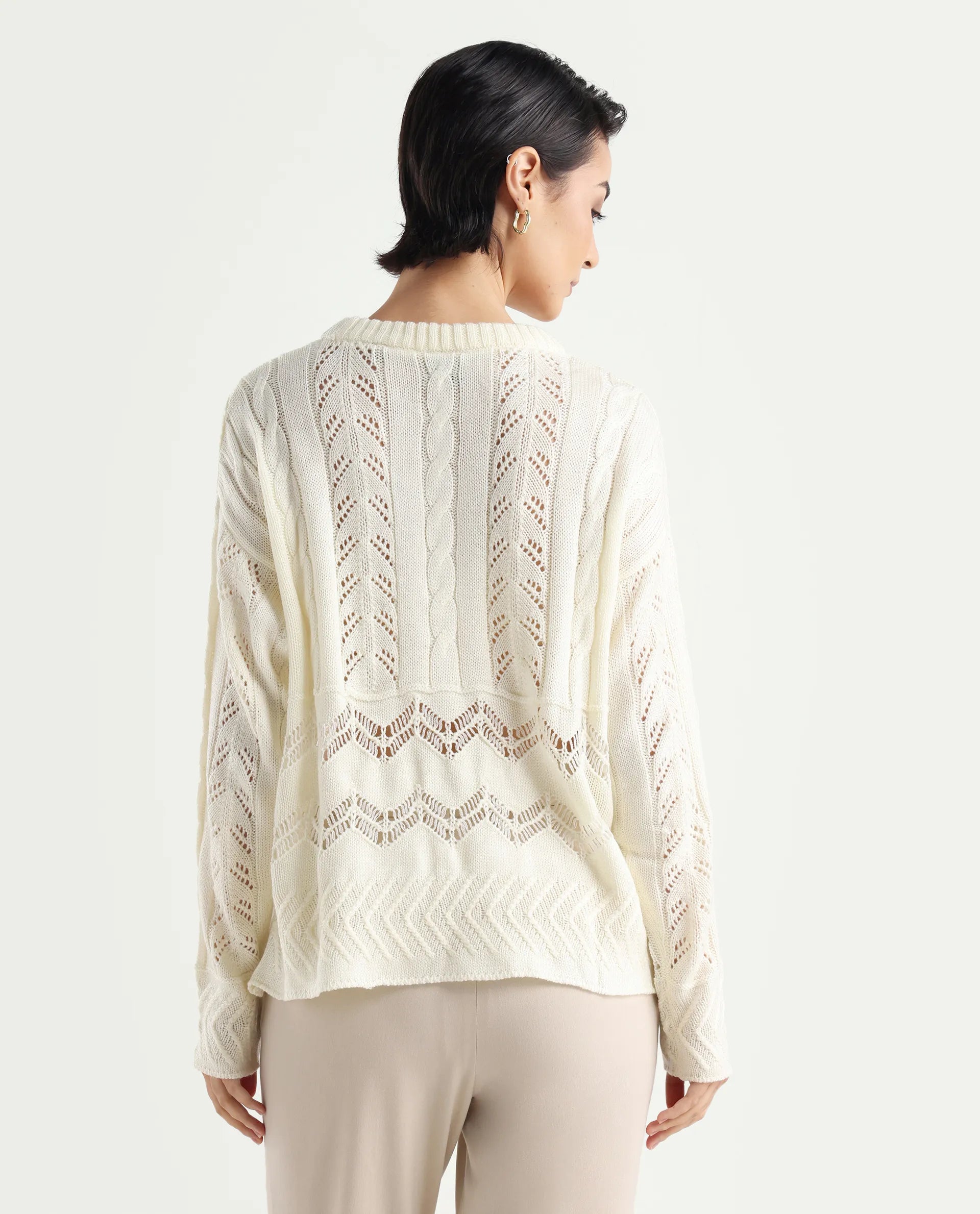 Rareism Women's Saben Beige Acrylic Ribbed Collar Plain Boxy Fit Sweater