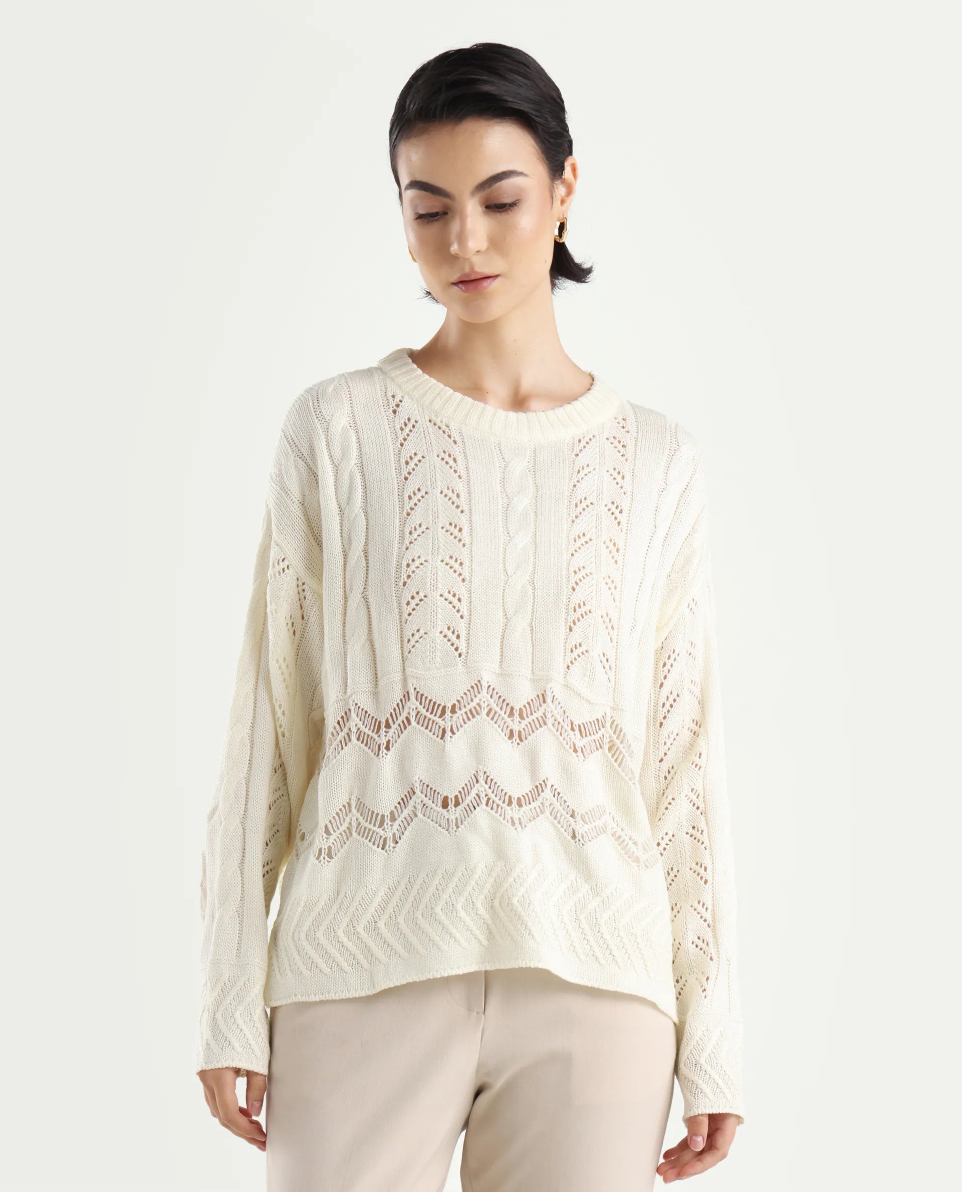 Rareism Women's Saben Beige Acrylic Ribbed Collar Plain Boxy Fit Sweater