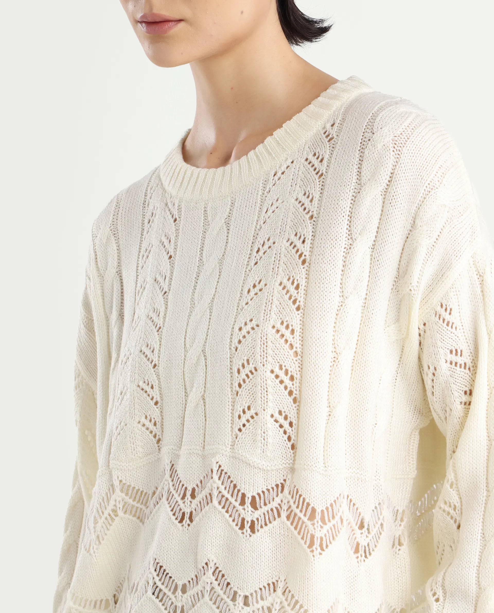 Rareism Women's Saben Beige Acrylic Ribbed Collar Plain Boxy Fit Sweater