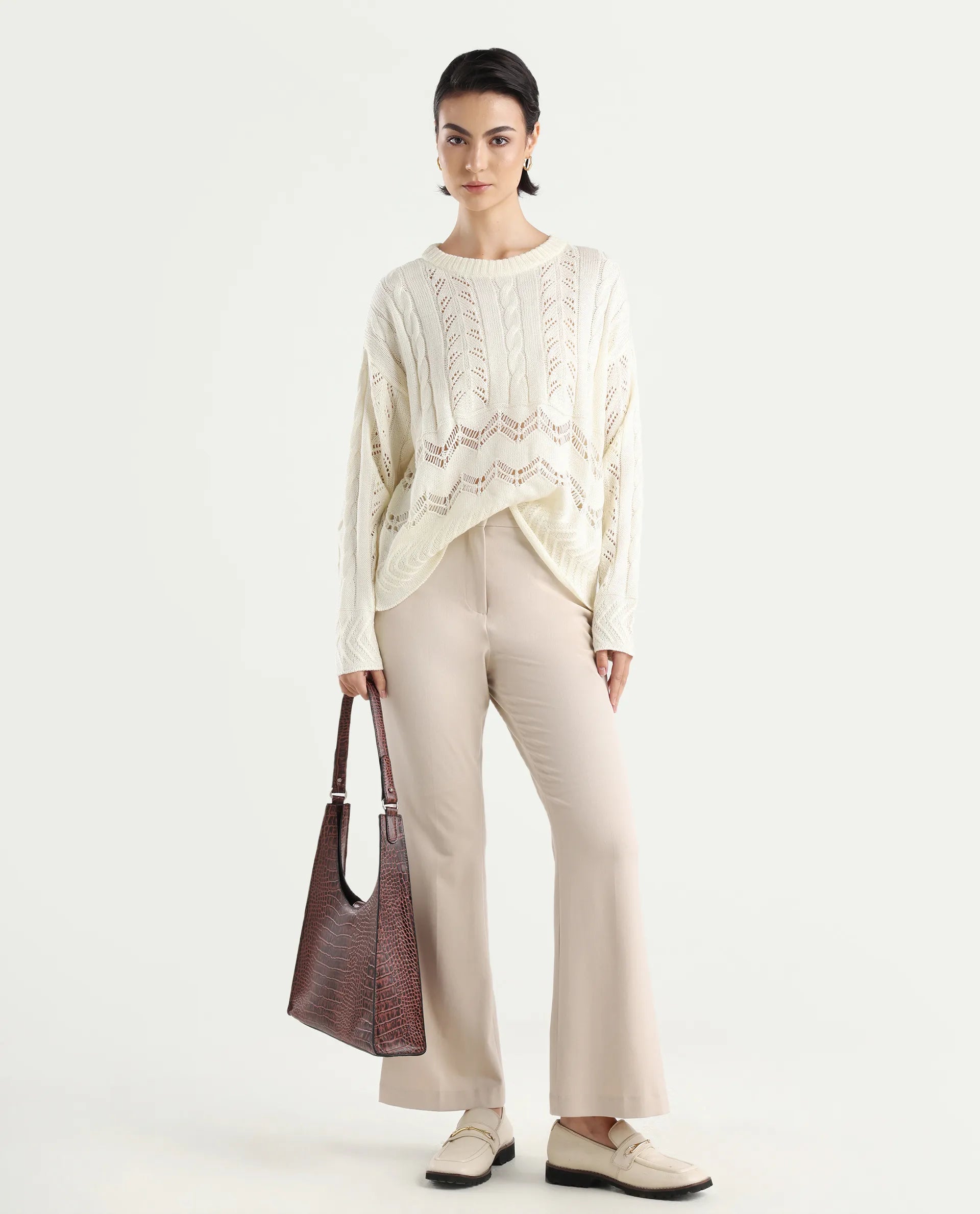 Rareism Women's Saben Beige Acrylic Ribbed Collar Plain Boxy Fit Sweater