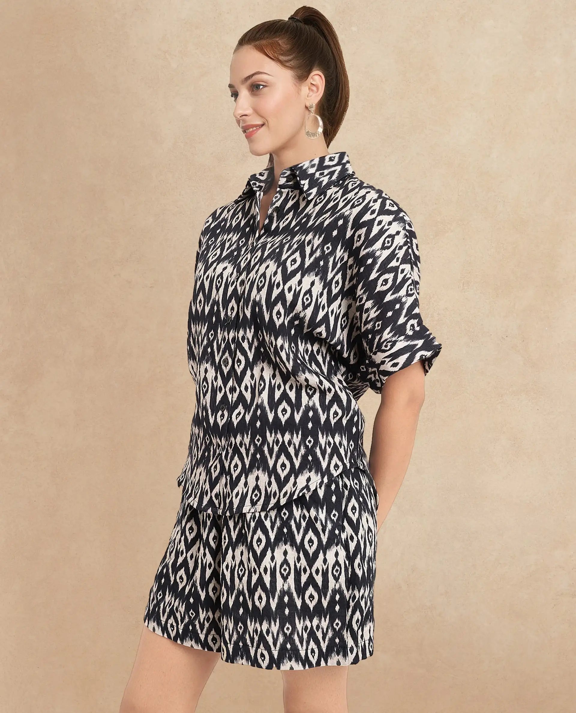 Rareism Women Sabuto-T Black Short Sleeve Collared Neck Button Closure Boxy Fit Printed Shirt