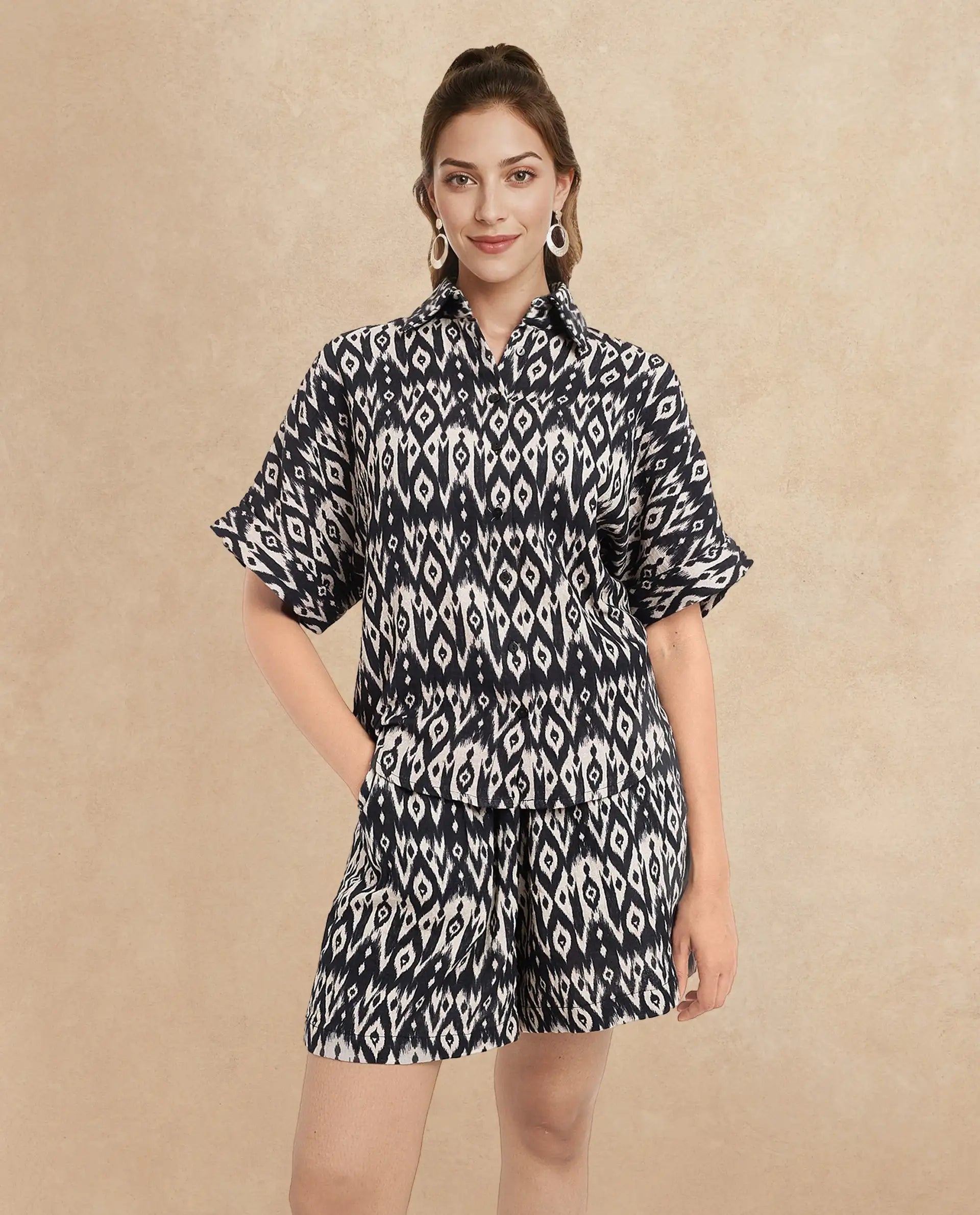 Rareism Women Sabuto-T Black Short Sleeve Collared Neck Button Closure Boxy Fit Printed Shirt