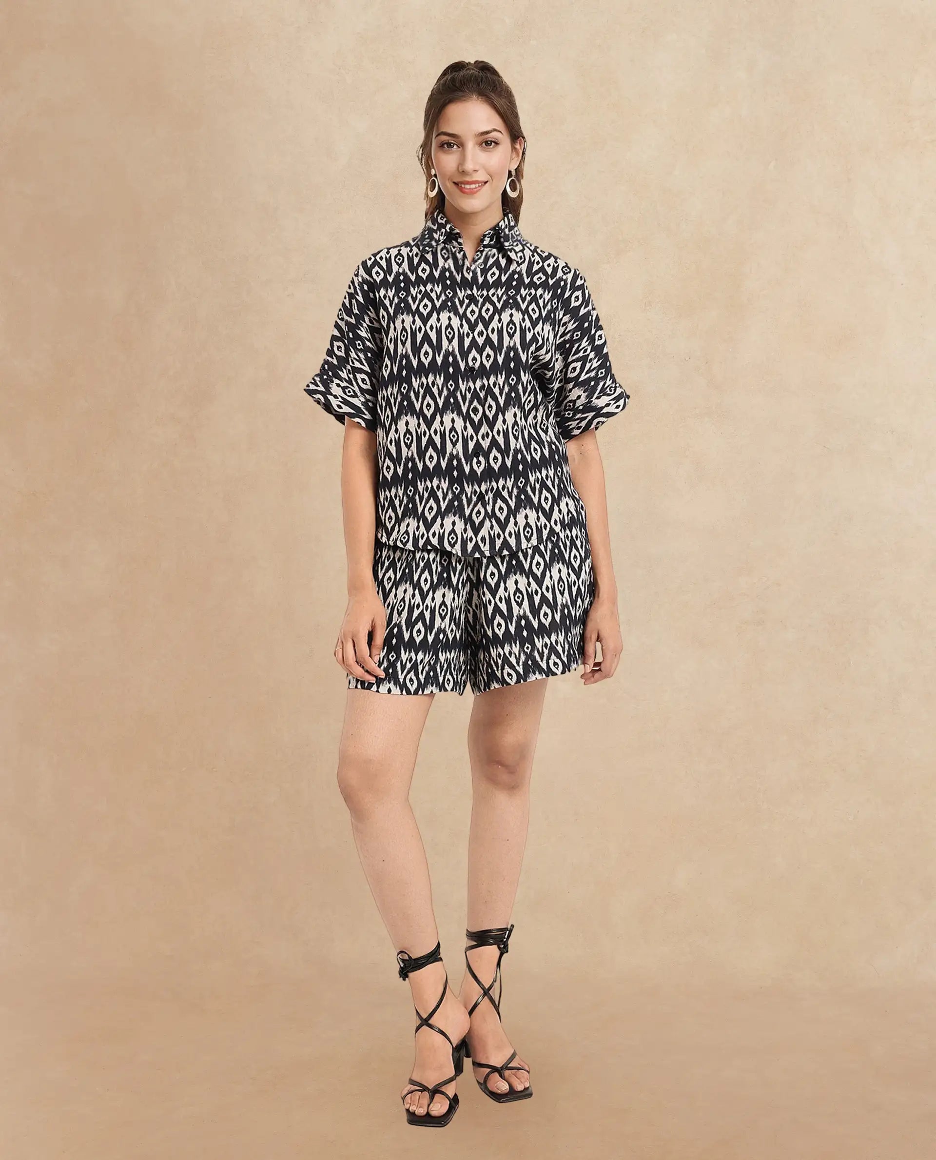 Rareism Women Sabuto-T Black Short Sleeve Collared Neck Button Closure Boxy Fit Printed Shirt