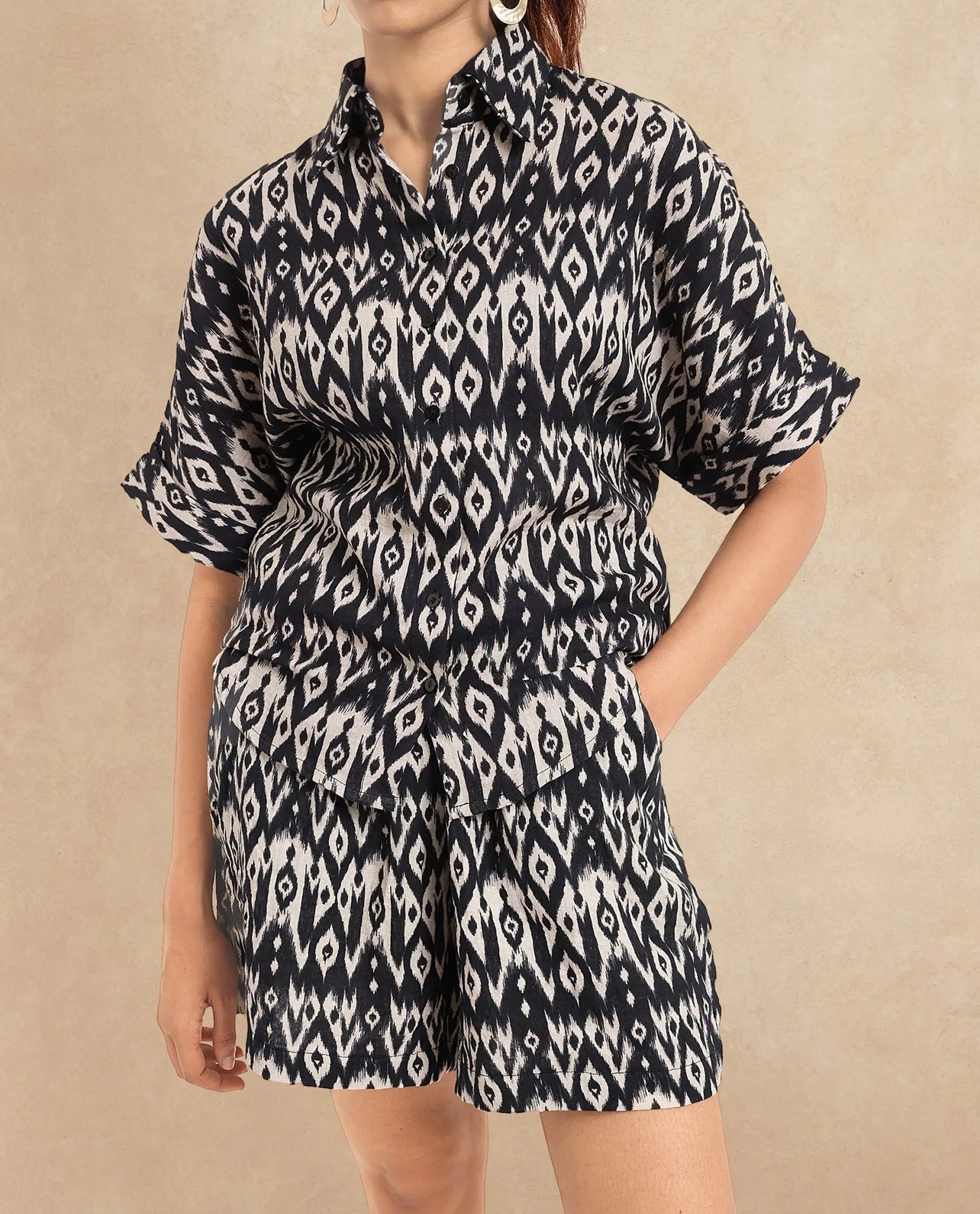 Rareism Women Sabuto-T Black Short Sleeve Collared Neck Button Closure Boxy Fit Printed Shirt