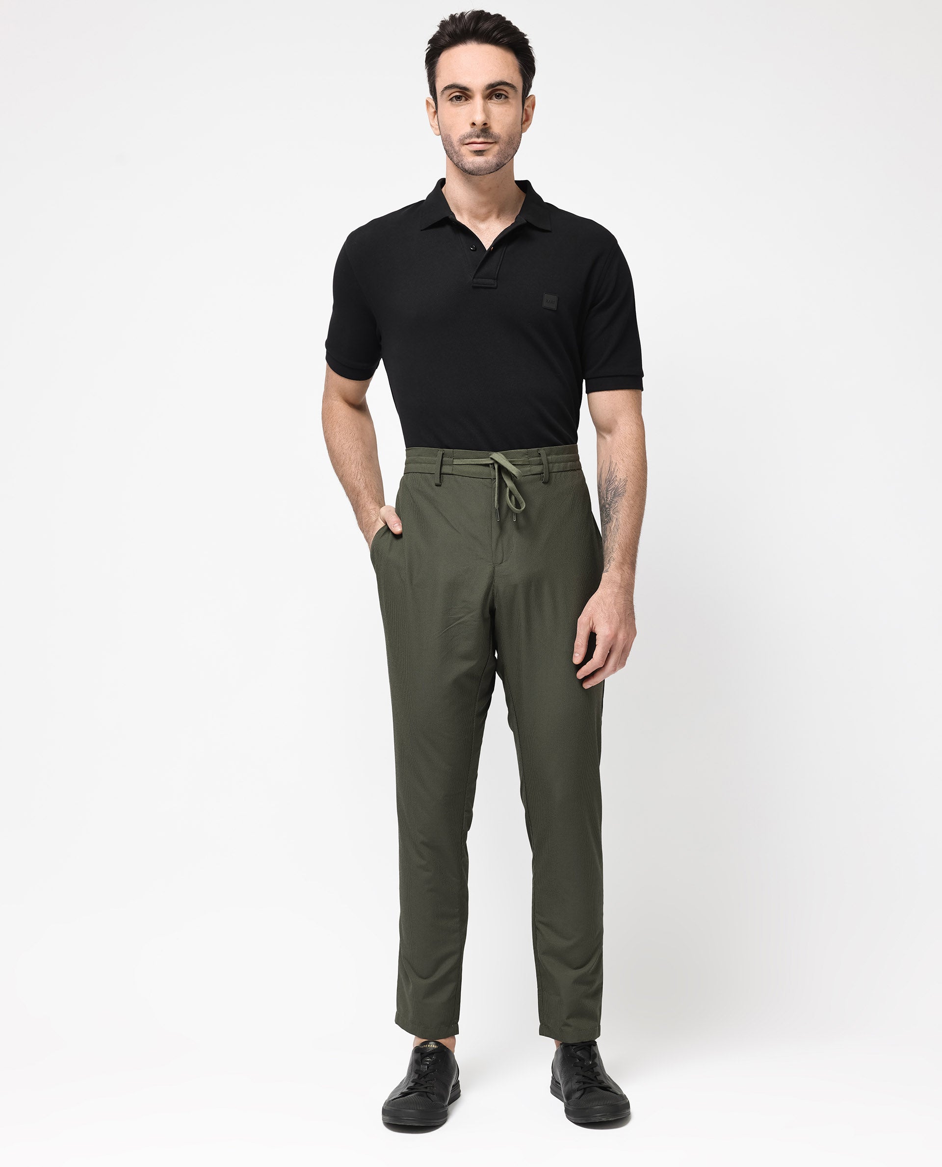 Rare Rabbit Men's Saco Olive Polyester Fabric Regular Fit Drawstring Closure Seersucker Trouser