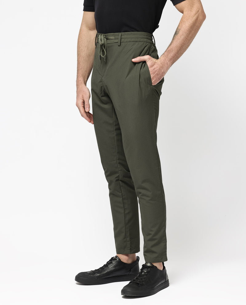 Rare Rabbit Men's Saco Olive Polyester Fabric Regular Fit Drawstring Closure Seersucker Trouser