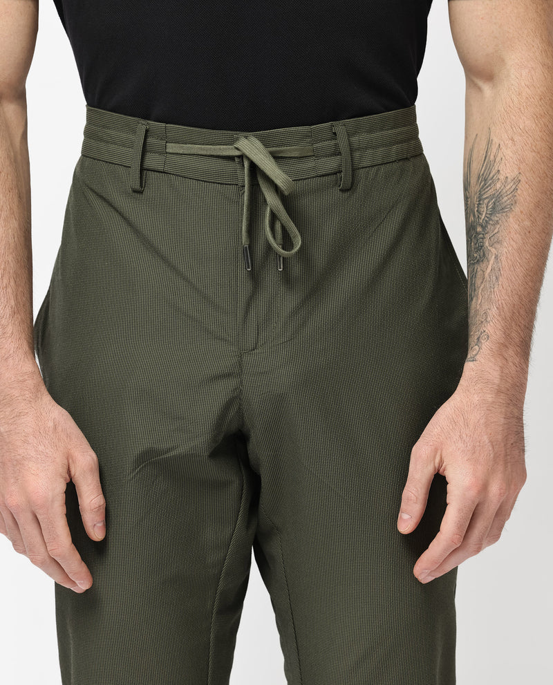 Rare Rabbit Men's Saco Olive Polyester Fabric Regular Fit Drawstring Closure Seersucker Trouser