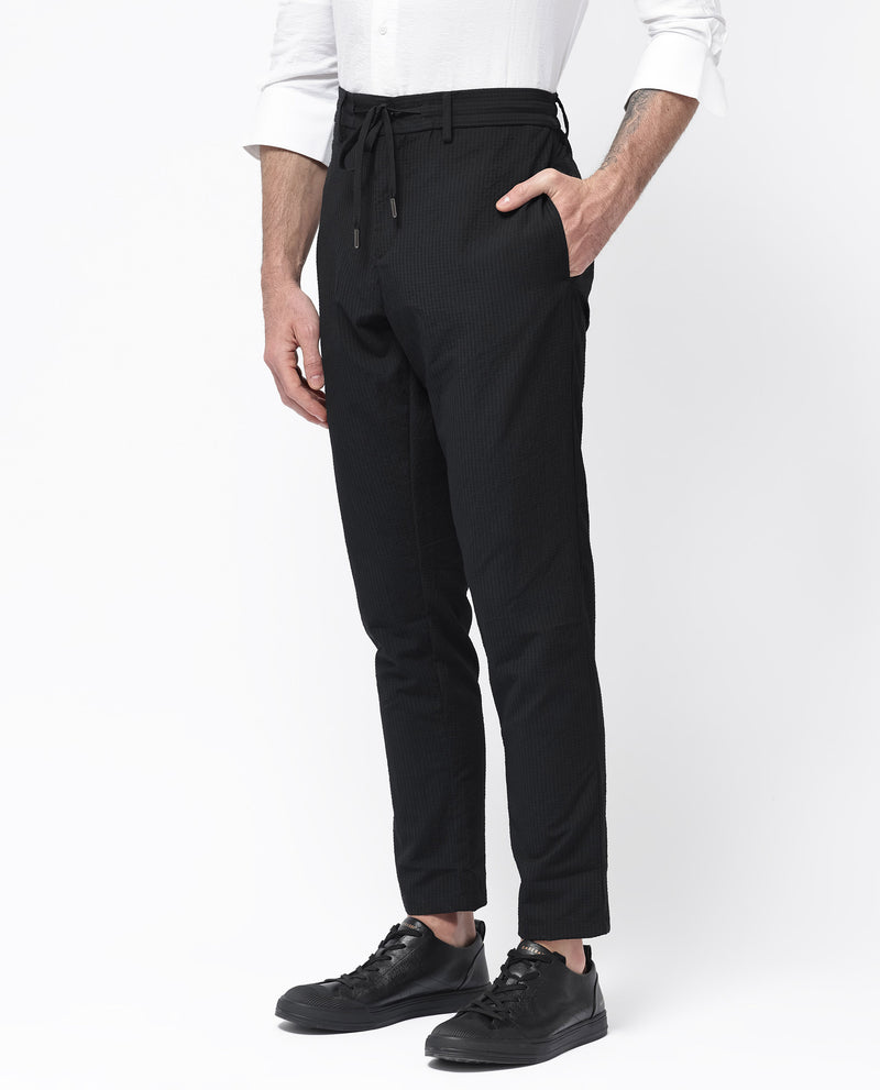 Rare Rabbit Men's Sacon Black Polyester Fabric Solid Regular fit Seersucker Drawstring Closure Trouser