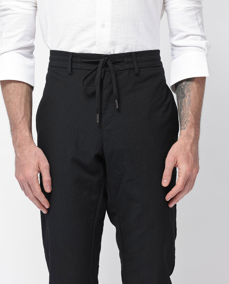 Rare Rabbit Men's Sacon Black Polyester Fabric Solid Regular fit Seersucker Drawstring Closure Trouser