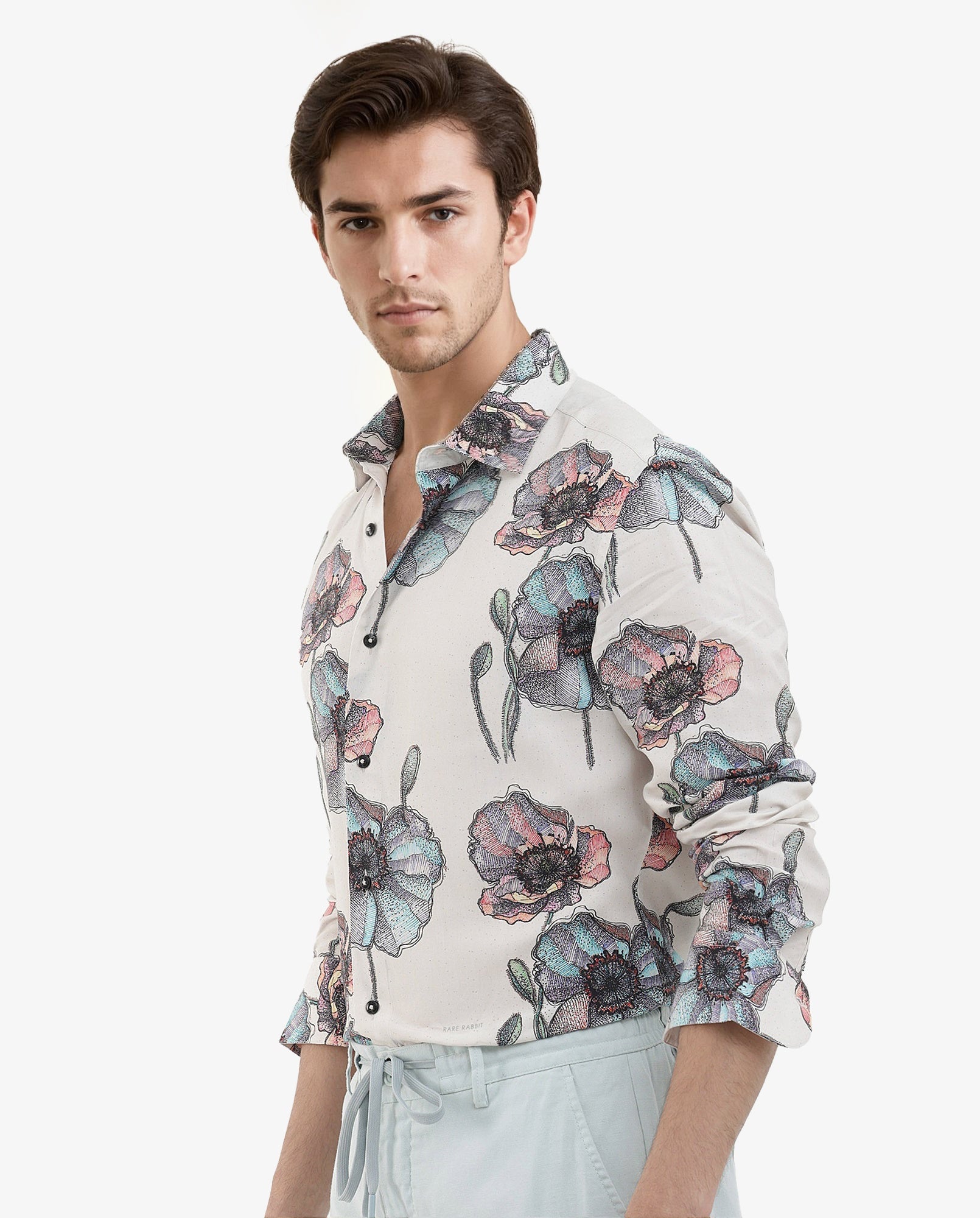 Rare Rabbit Mens Saddle Light Pink Full Sleeve Floral Print Shirt