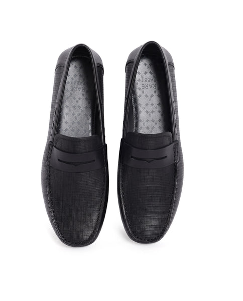 Rare Rabbit Men's Saffian Black Slip-On Textured Genuine Leather Drive