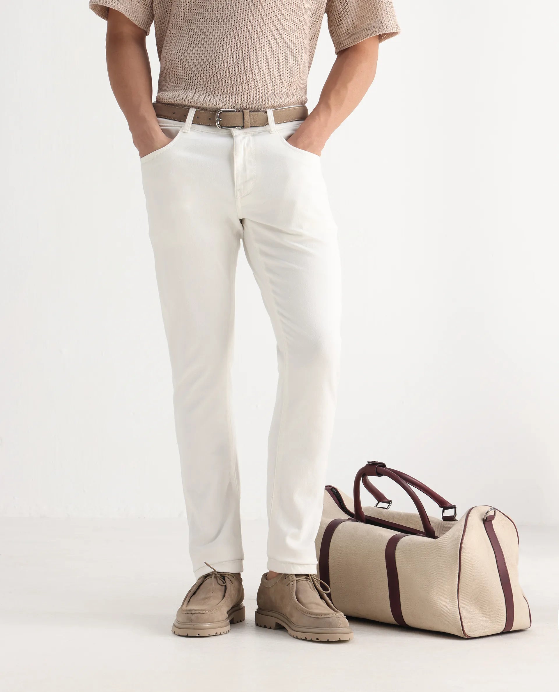 Rare Rabbit Men's Safi White Cotton Blend Plain Hawk Slim Fit Jeans