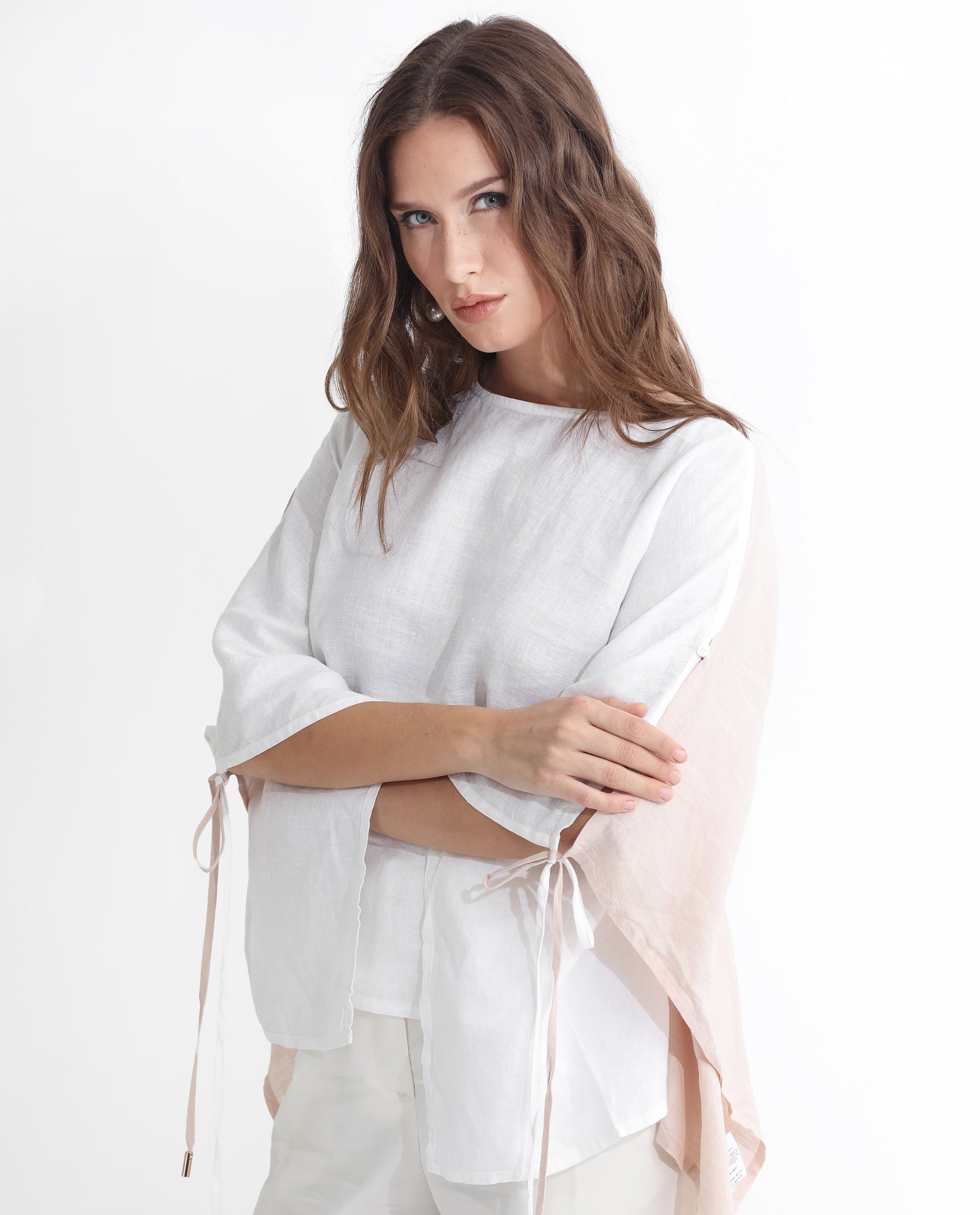 Rareism Women Safron White Linen Fabric Regular Fit Boat Neck Half Sleeves Solid Top