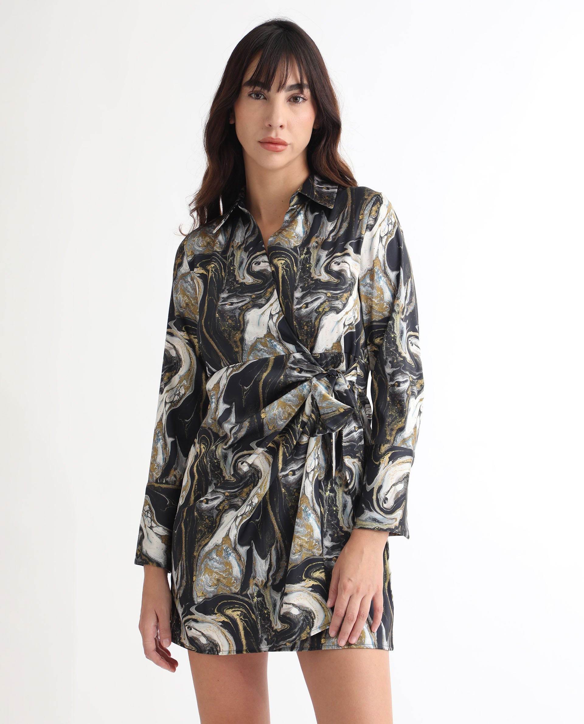 Rareism Women Sager Black Polyester Fabric Full Sleeves Tie-Up Closure Shirt Collar Regular Fit Abstract Print Short Wrap Dress