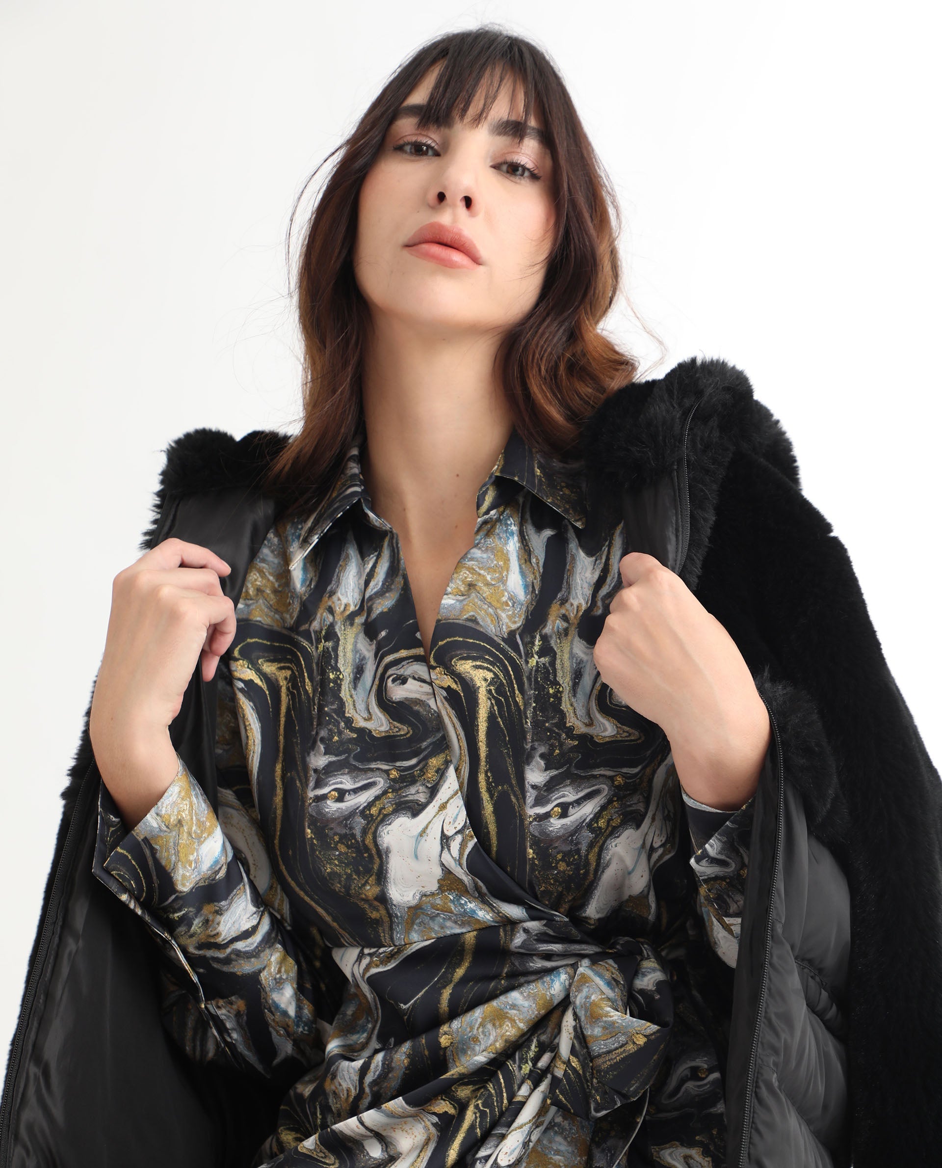 Rareism Women Sager Black Polyester Fabric Full Sleeves Tie-Up Closure Shirt Collar Regular Fit Abstract Print Short Wrap Dress