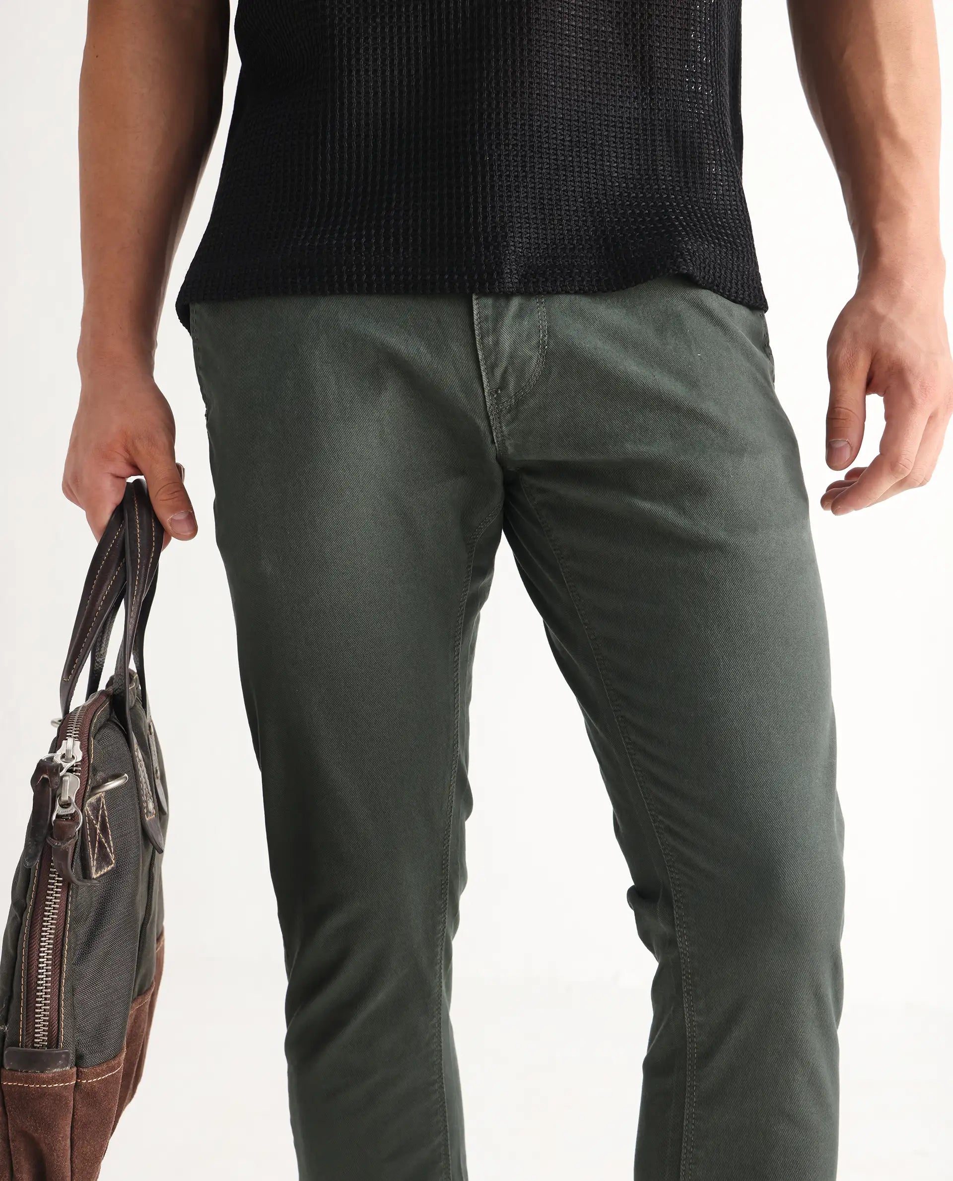 Rare Rabbit Men's Saho Olive Cotton Plain Hawk Slim Fit Jeans