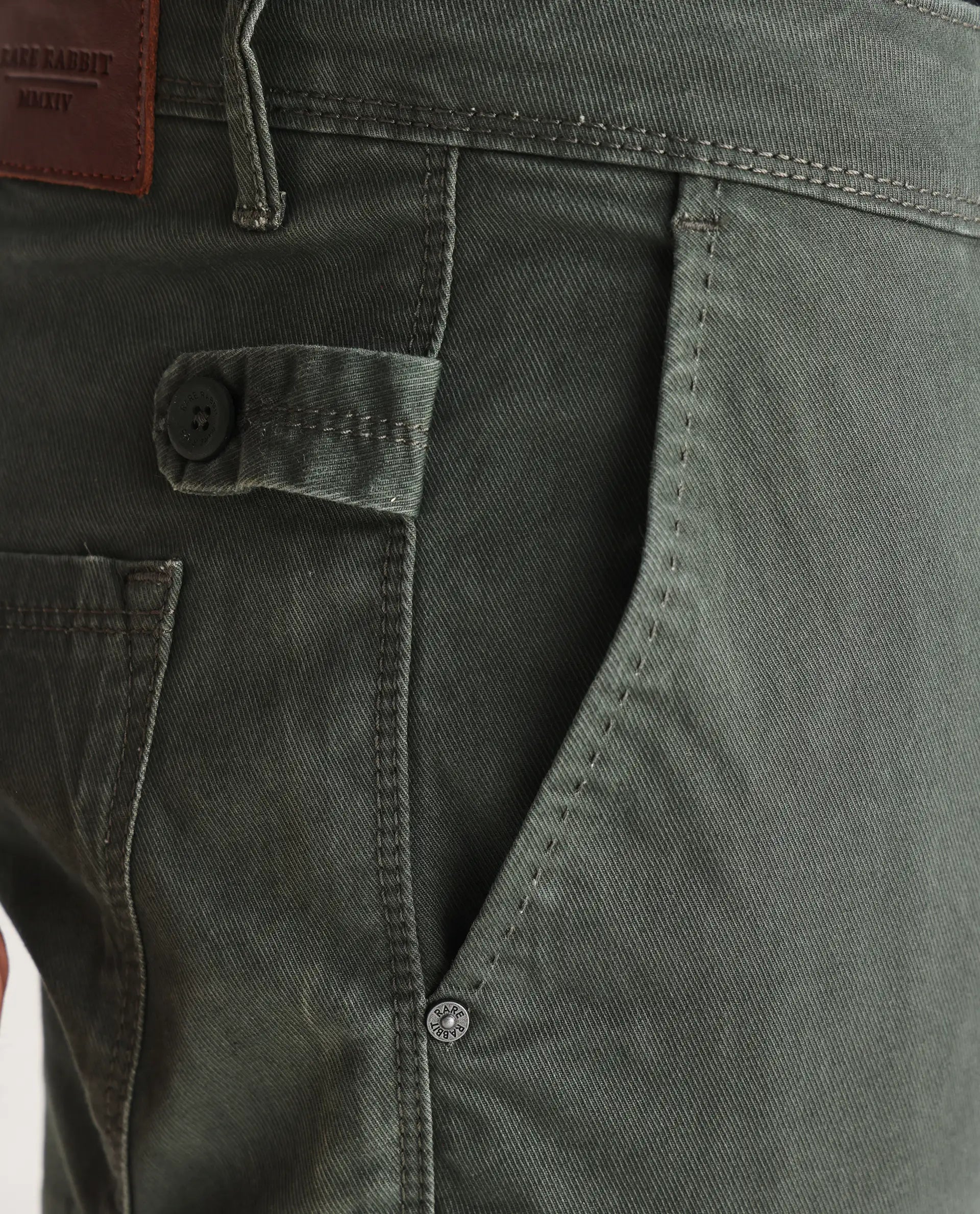 Rare Rabbit Men's Saho Olive Cotton Plain Hawk Slim Fit Jeans