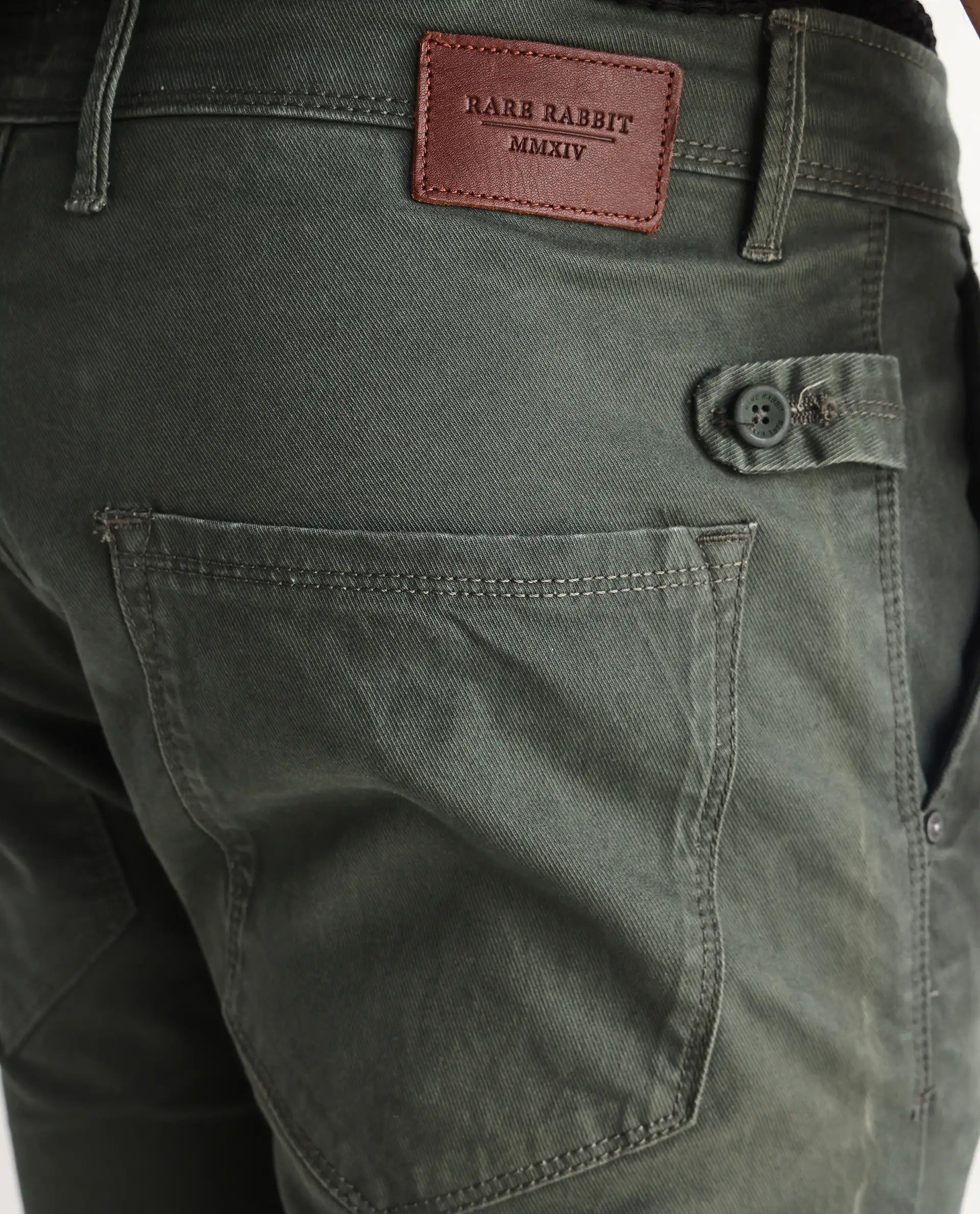 Rare Rabbit Men's Saho Olive Cotton Plain Hawk Slim Fit Jeans