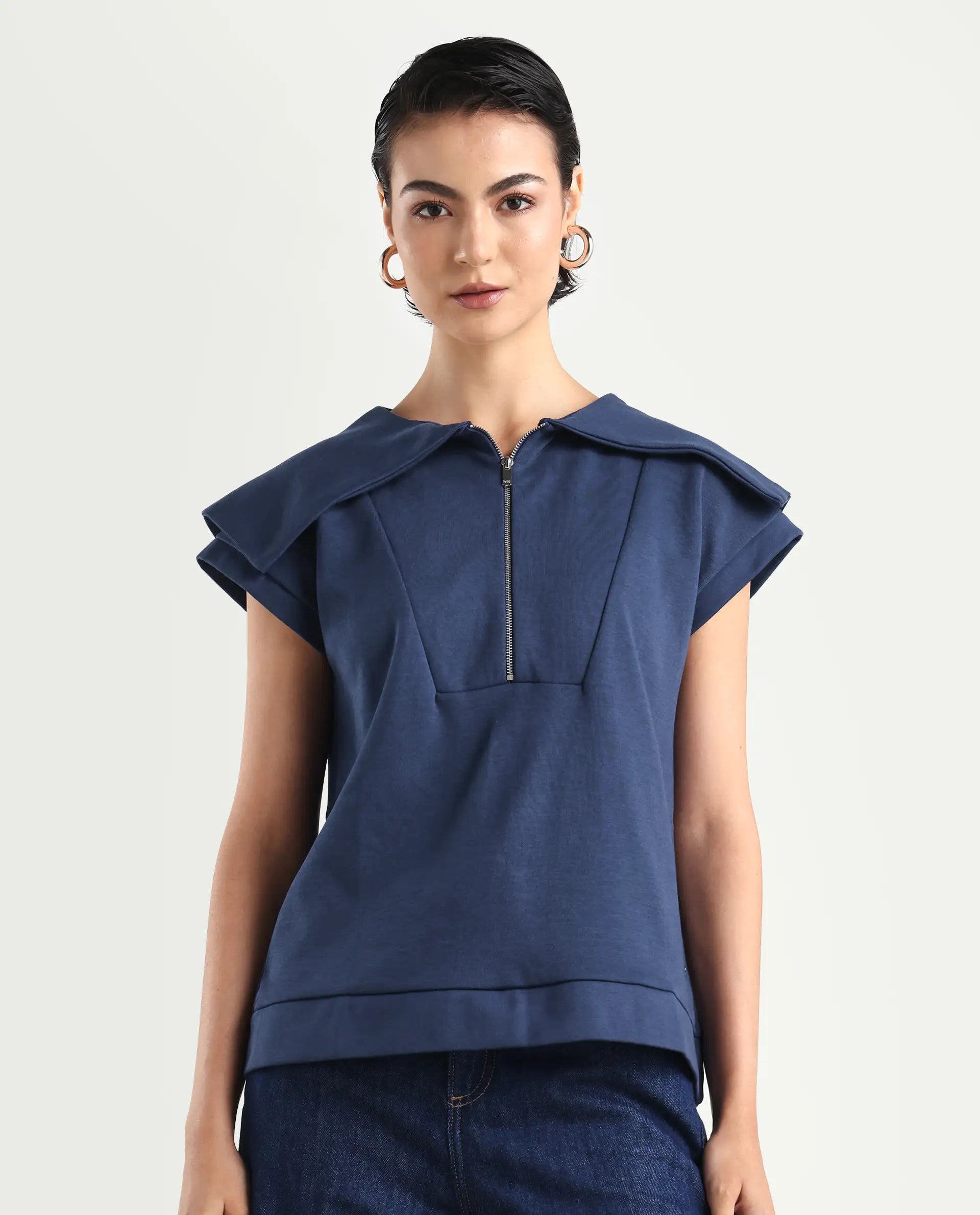 Rareism Women's Sail Navy Cotton Spread Collar Plain Extended Sleeves Relaxed Fit Sweatshirt