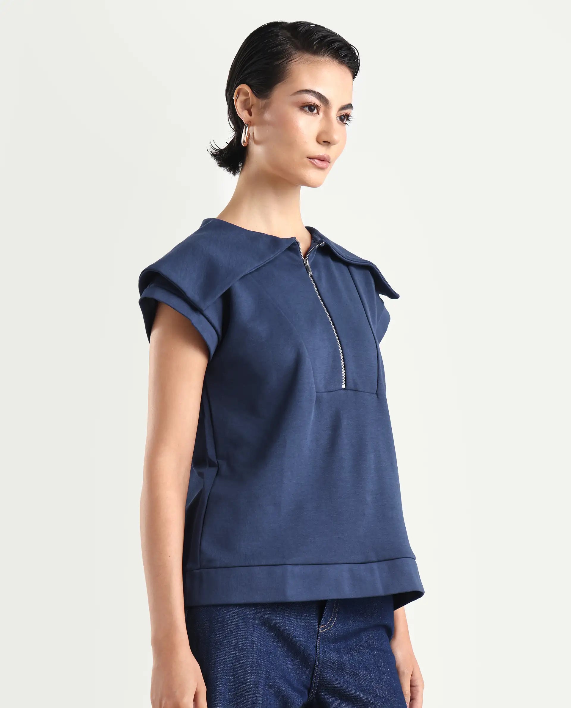 Rareism Women's Sail Navy Cotton Spread Collar Plain Extended Sleeves Relaxed Fit Sweatshirt