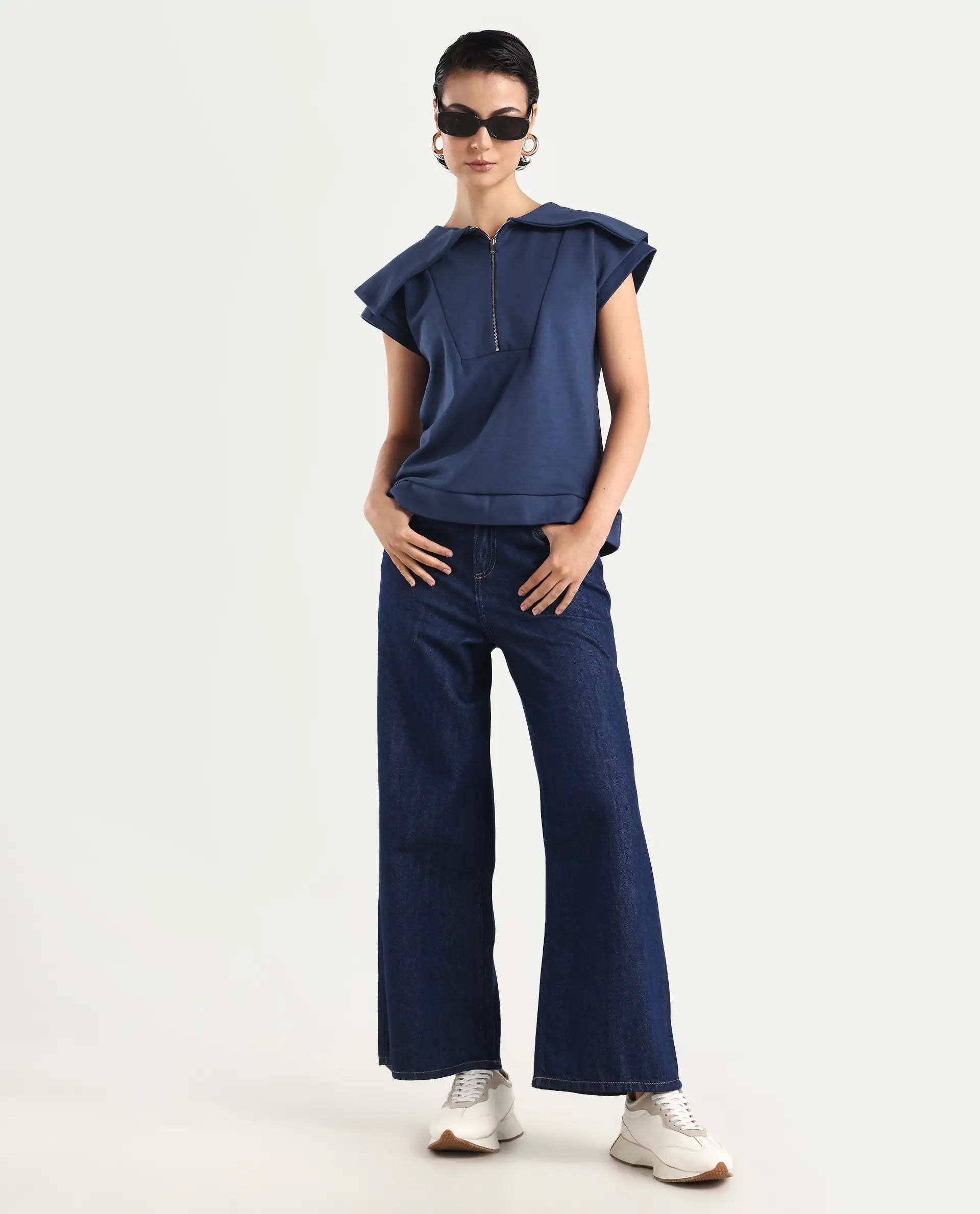 Rareism Women's Sail Navy Cotton Spread Collar Plain Extended Sleeves Relaxed Fit Sweatshirt