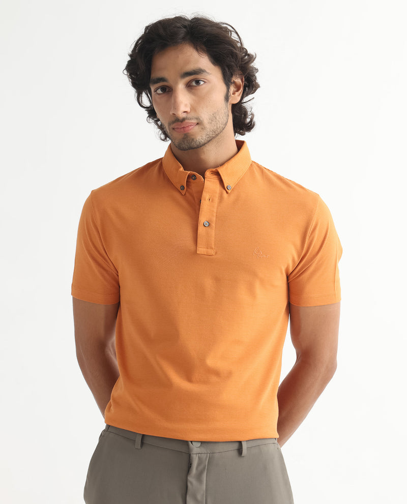 Rare Rabbit Men's Sailor-2S Orange Cotton Fabric Collared Neck Half Sleeve Polo T-Shirt
