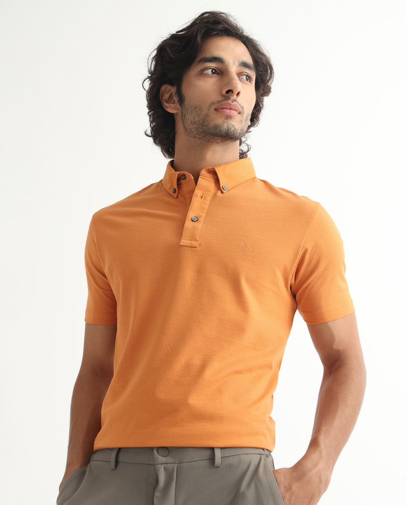 Rare Rabbit Men's Sailor-2S Orange Cotton Fabric Collared Neck Half Sleeve Polo T-Shirt