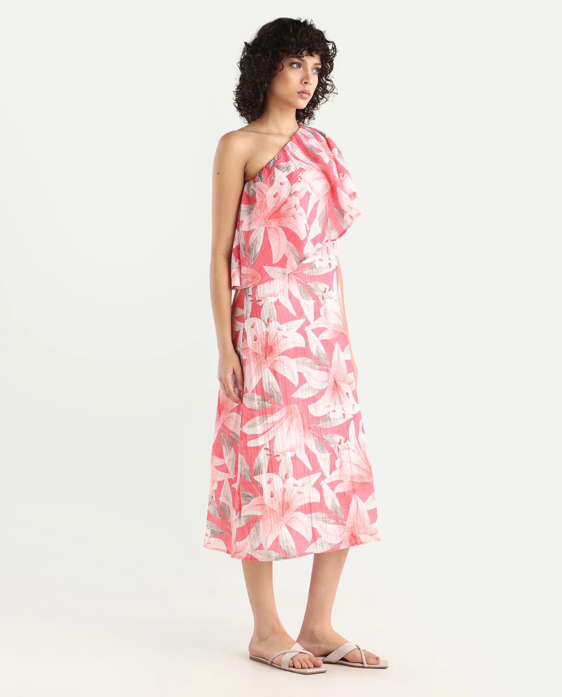Rareism Women's Sailor Pink Polyester One Shoulder Floral Print One Shoulder Midi Fit And Flare Dress