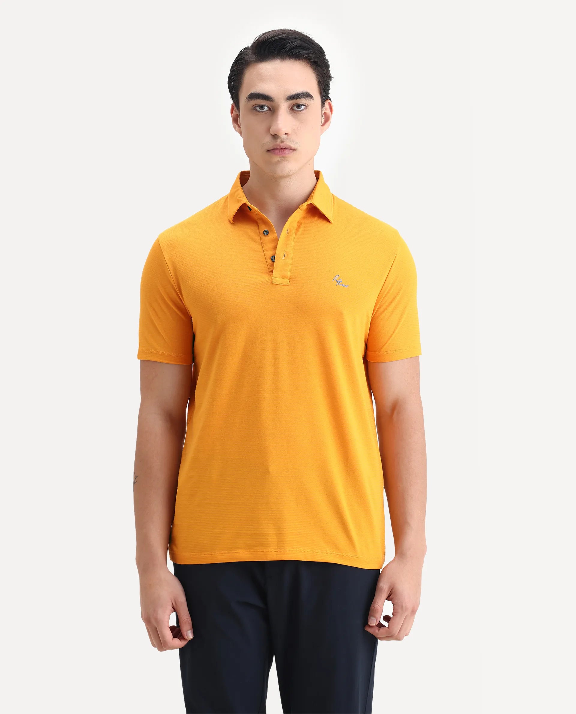 Rare Rabbit Men's Sailor Yellow Polyester Striped Print Regular Fit Half Sleeve Polo