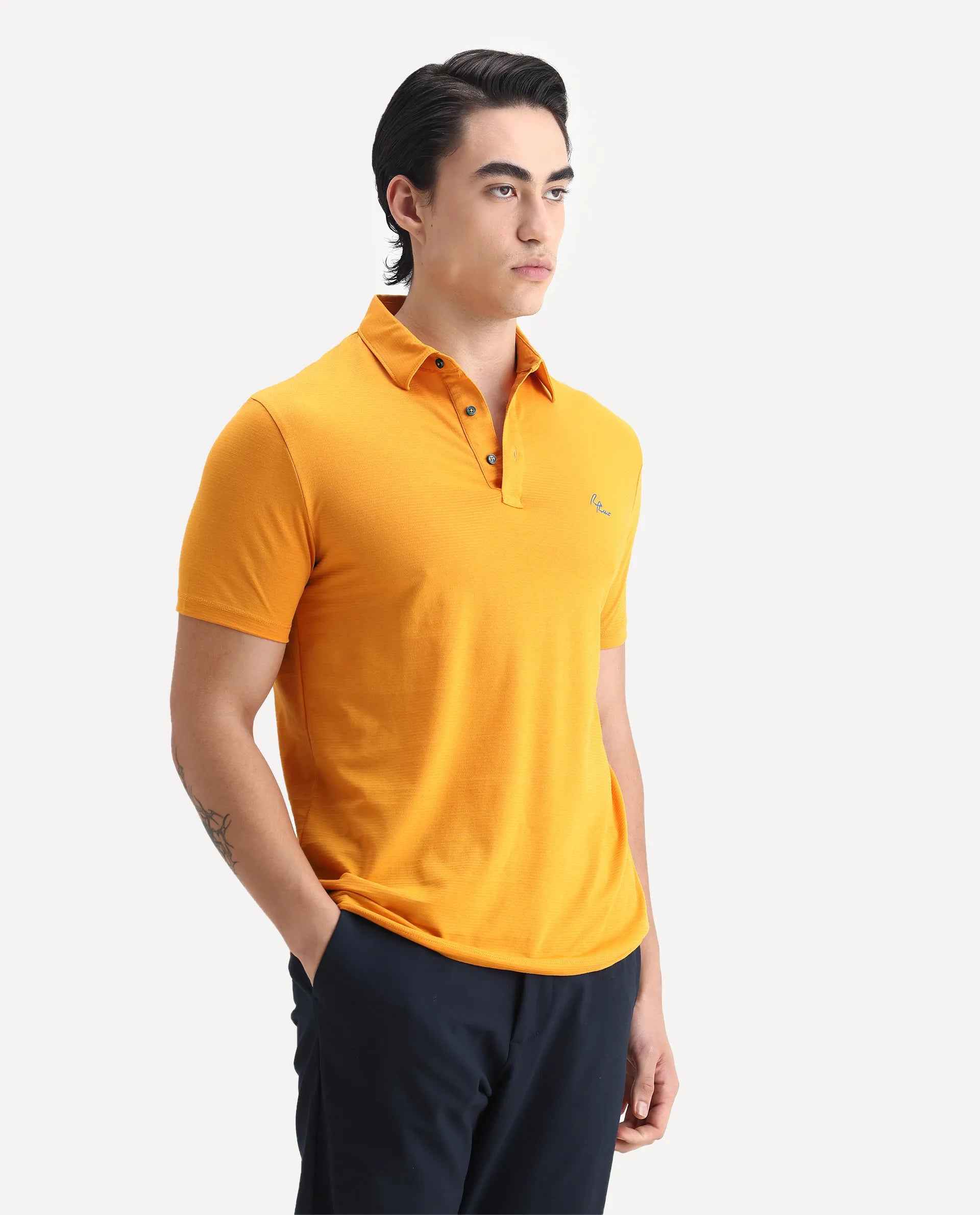 Rare Rabbit Men's Sailor Yellow Polyester Striped Print Regular Fit Half Sleeve Polo