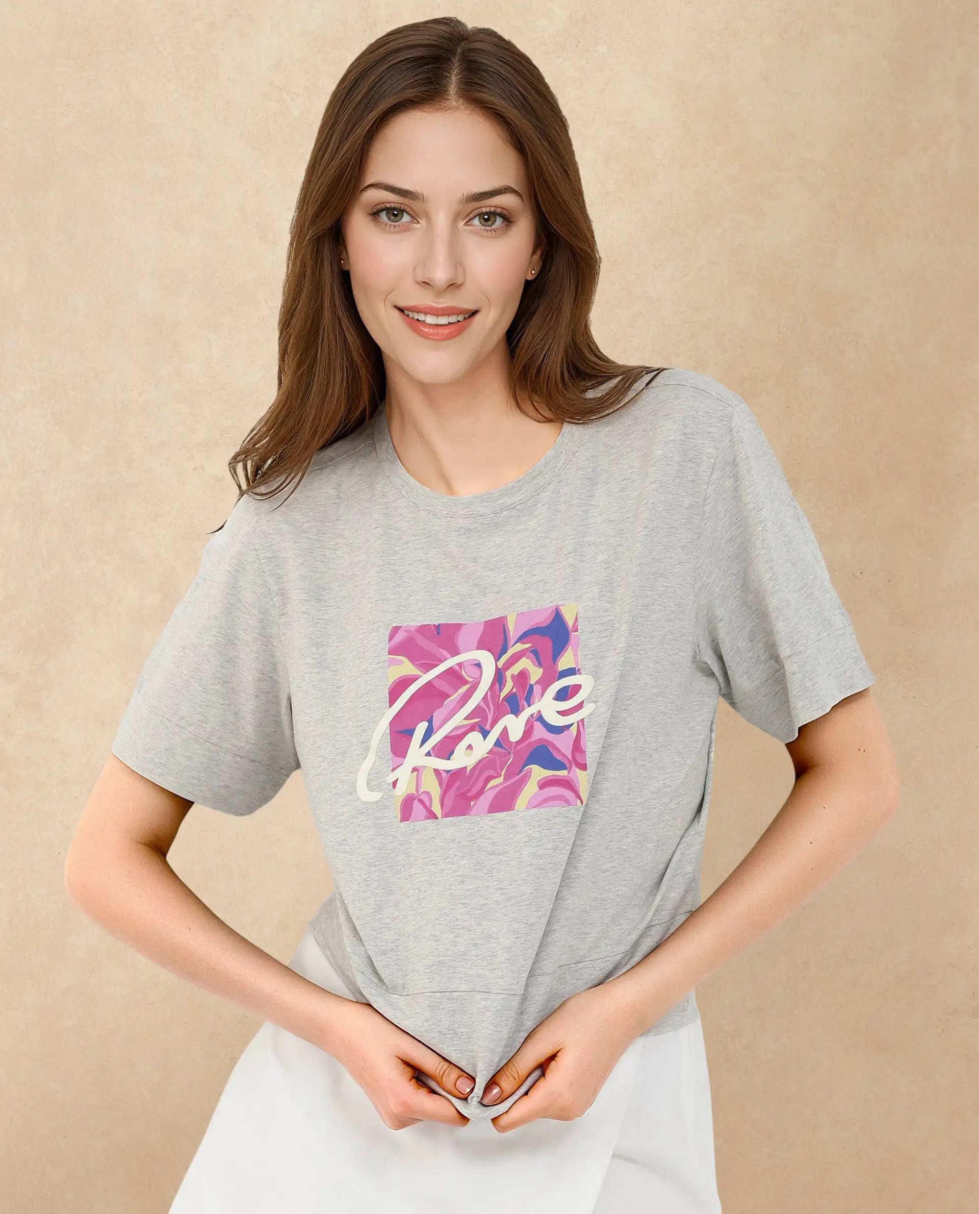 Rareism Women Sandre Melange Grey Cotton Elastane Fabric Crew Neck Knit Solid T-Shirt