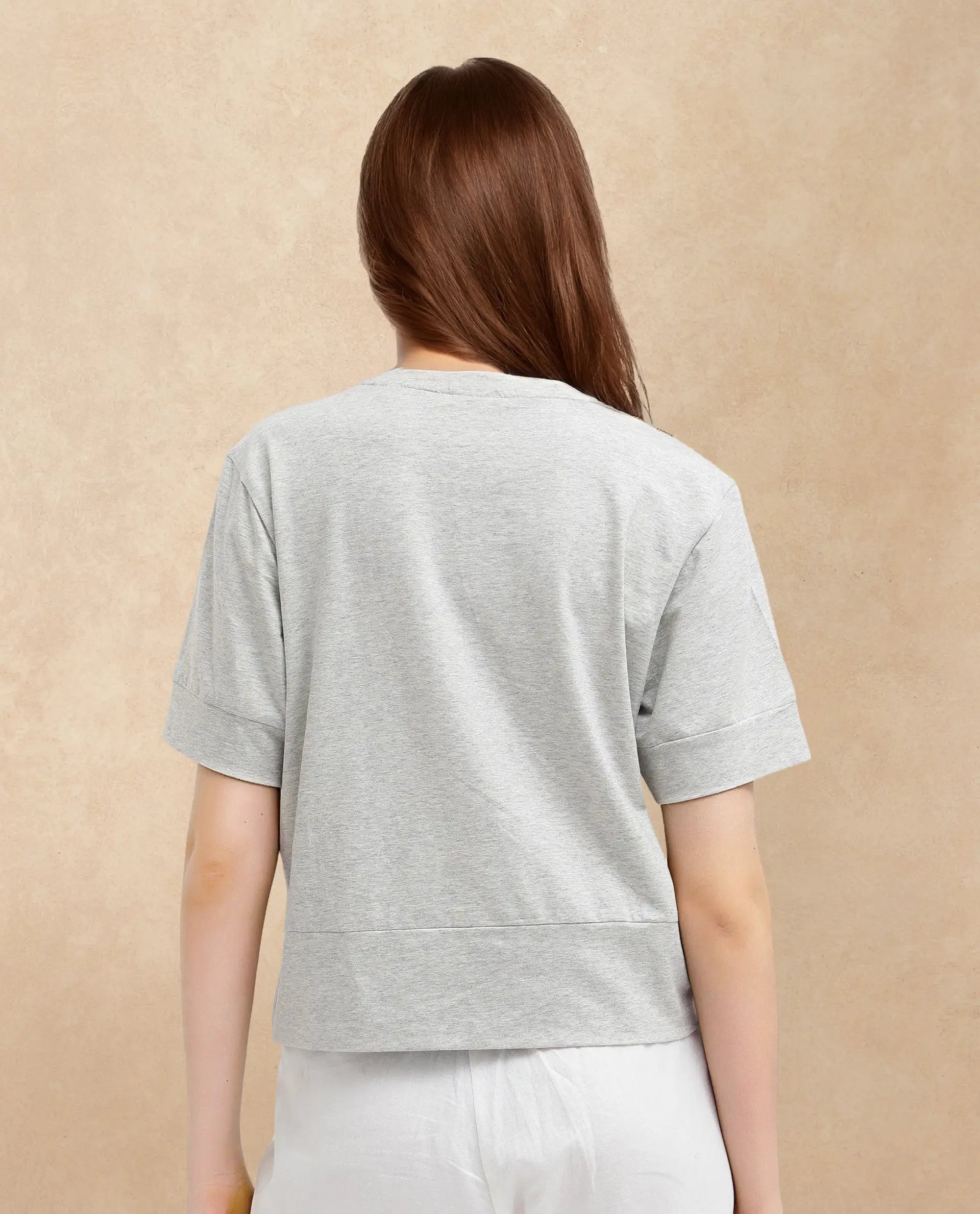 Rareism Women Sandre Melange Grey Cotton Elastane Fabric Crew Neck Knit Solid T-Shirt